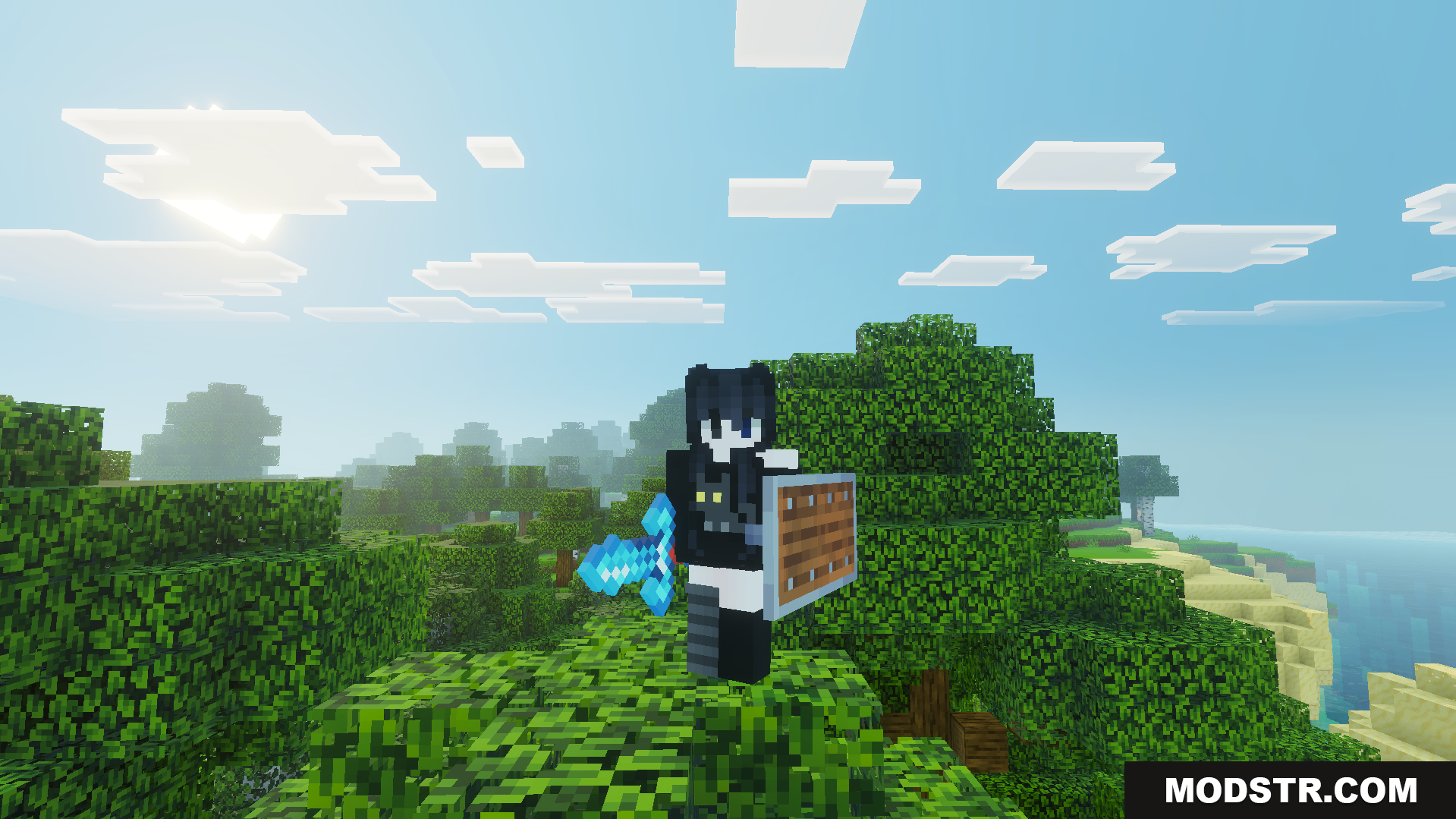 DoubleHands Addon Screenshot 2 Player holding diamond sword and shield in Minecraft Bedrock
