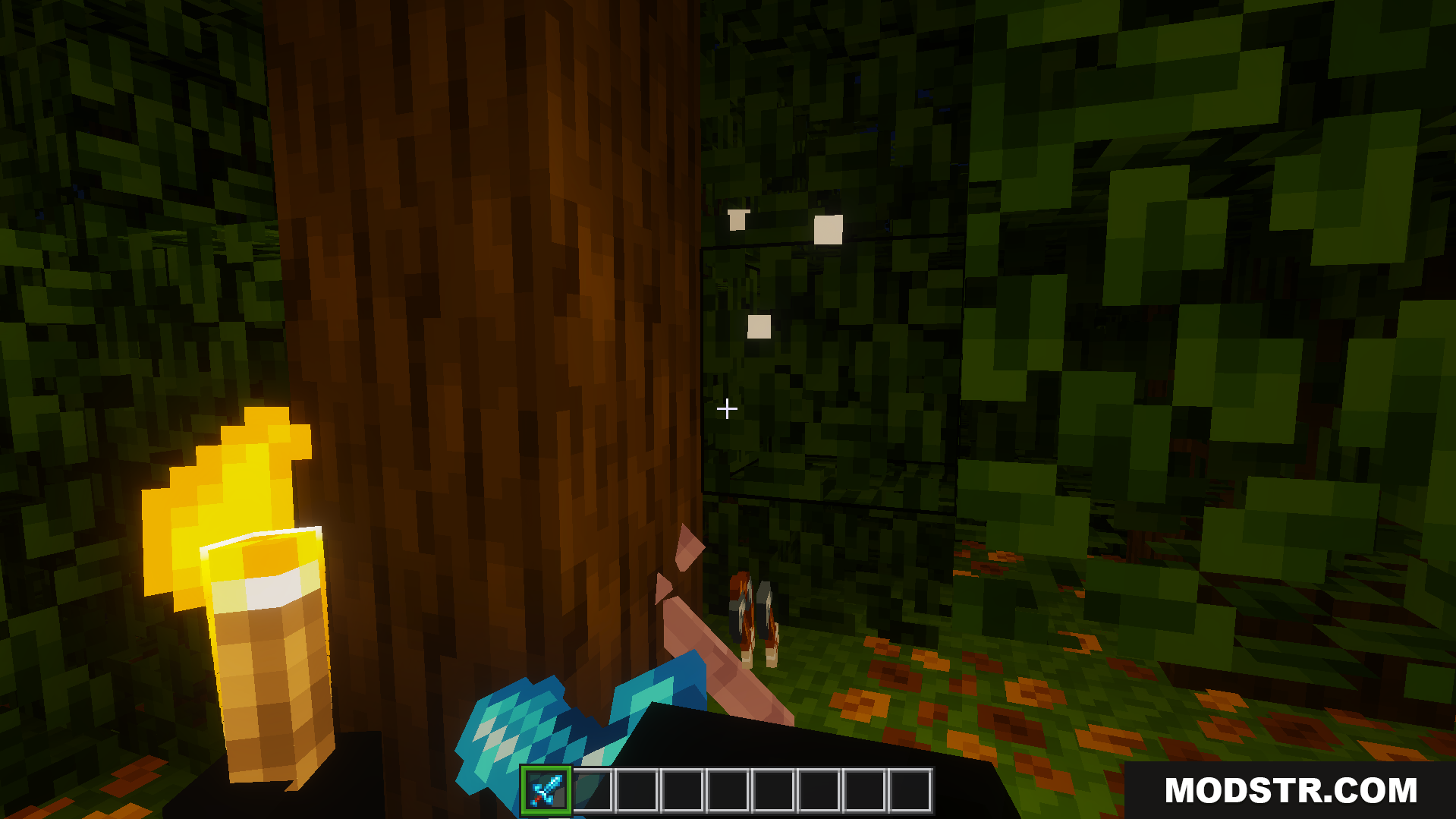 DoubleHands Addon Screenshot 7 player holds torch in left hand for bright light while holding diamond sword