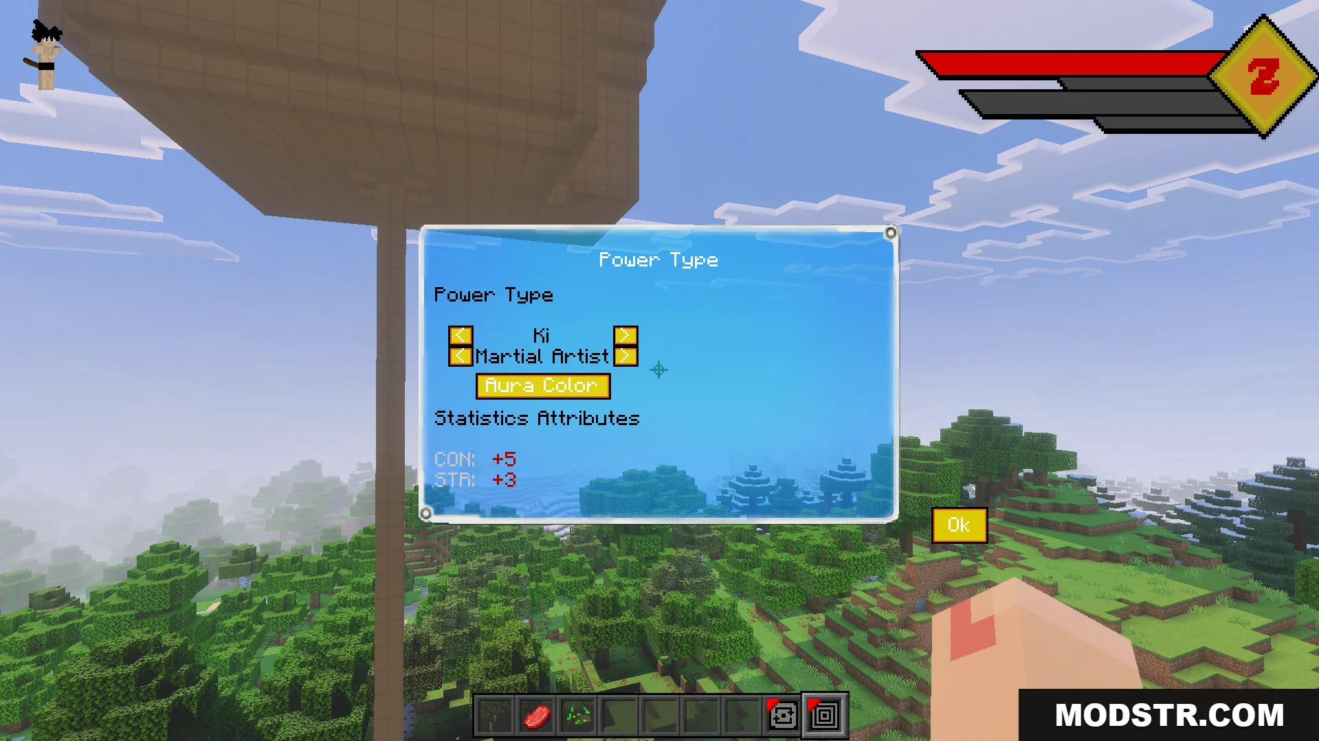 Dragon Block C Ultimate Addon Screenshot 4 Power type menu for choosing ki or martial artist with character statistics