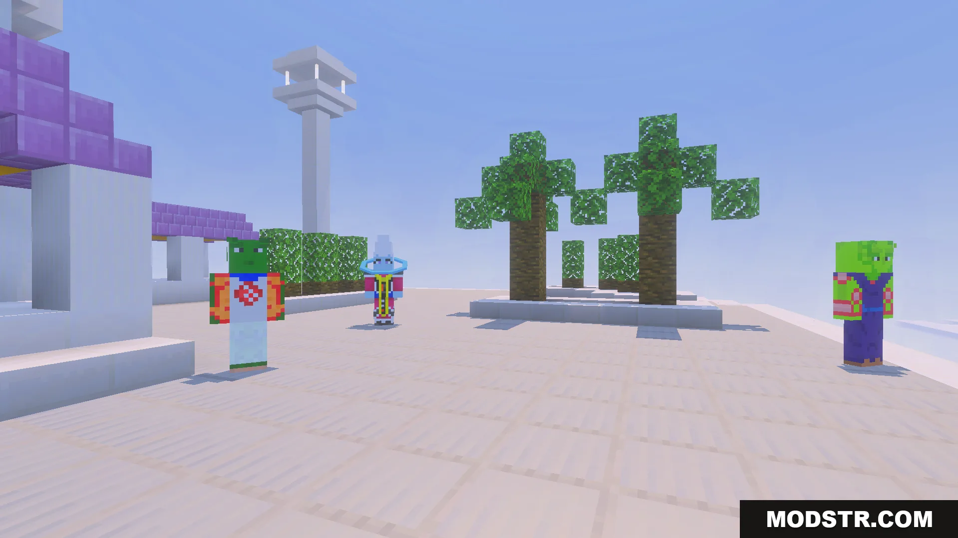 Dragon Block C Ultimate Addon Screenshot 7 Minecraft characters including Namekians standing on a white platform with palm trees