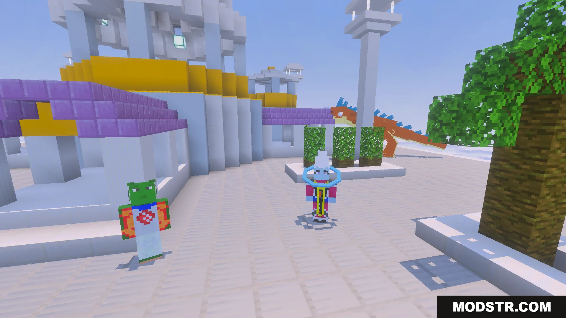 Dragon Block C Ultimate Addon Screenshot 10 Characters standing in a courtyard with a large dragon in the background