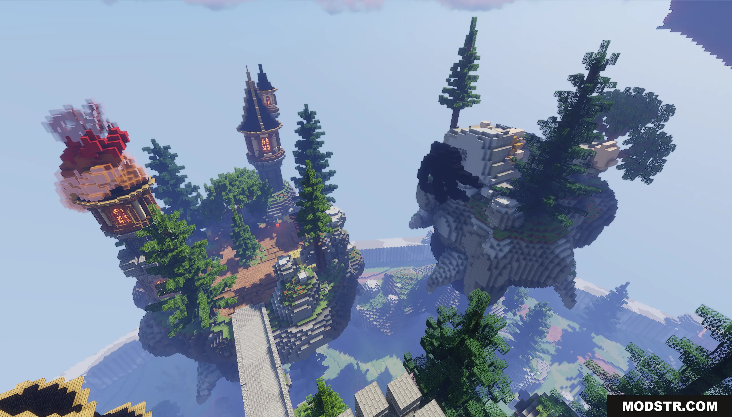 Dragon Skyblock Spawn Map Screenshot 6 Aerial view of floating islands with towers and pine trees connected by bridges