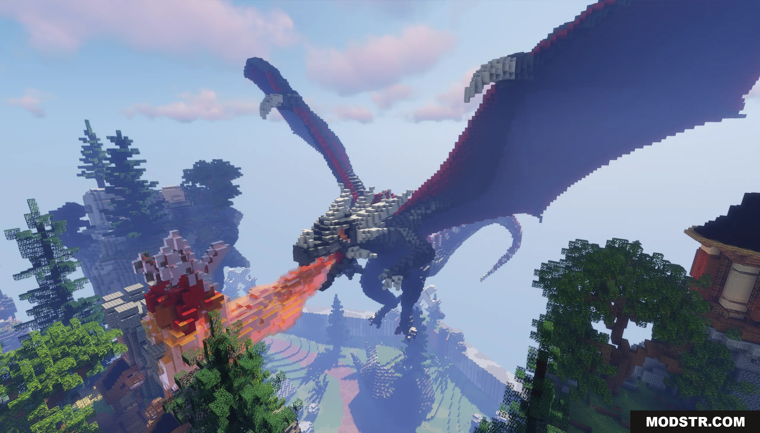 Dragon Skyblock Spawn Map Screenshot 4 A massive black dragon breathing fire over a scenic Minecraft landscape