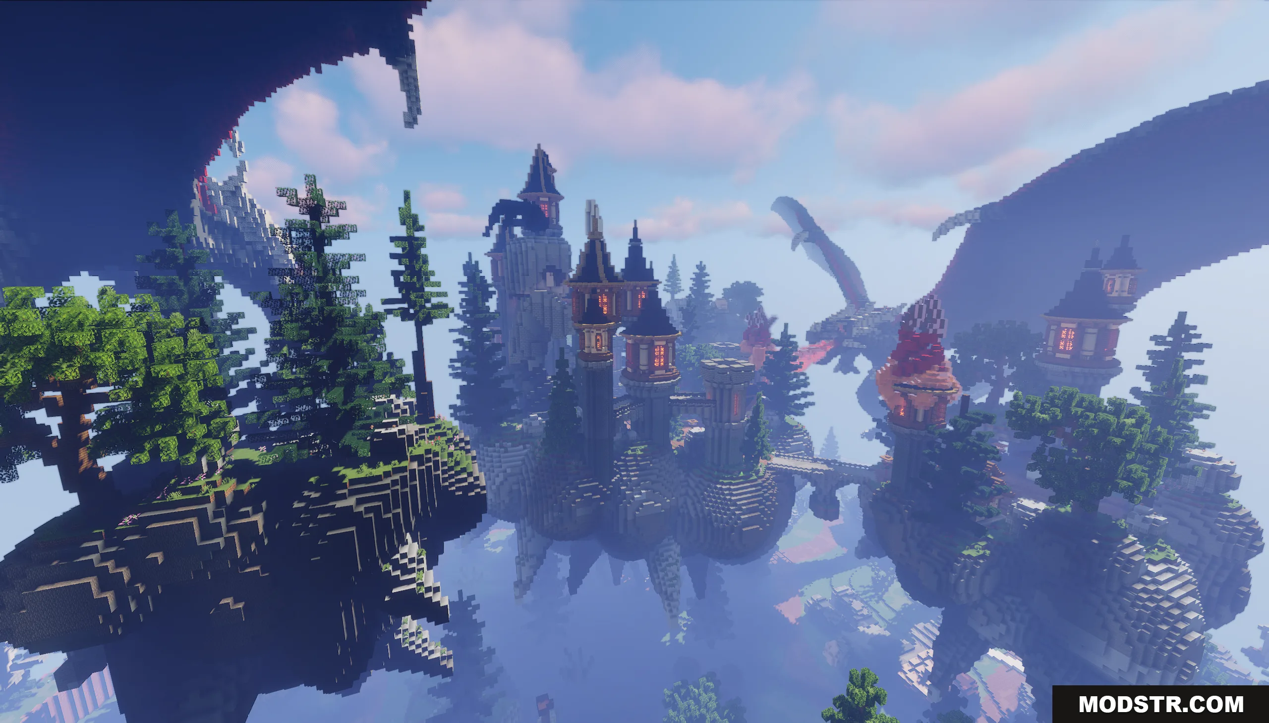 Dragon Skyblock Spawn Map Screenshot 5 Dragon Skyblock Spawn Map featuring floating islands and a massive dragon nearby