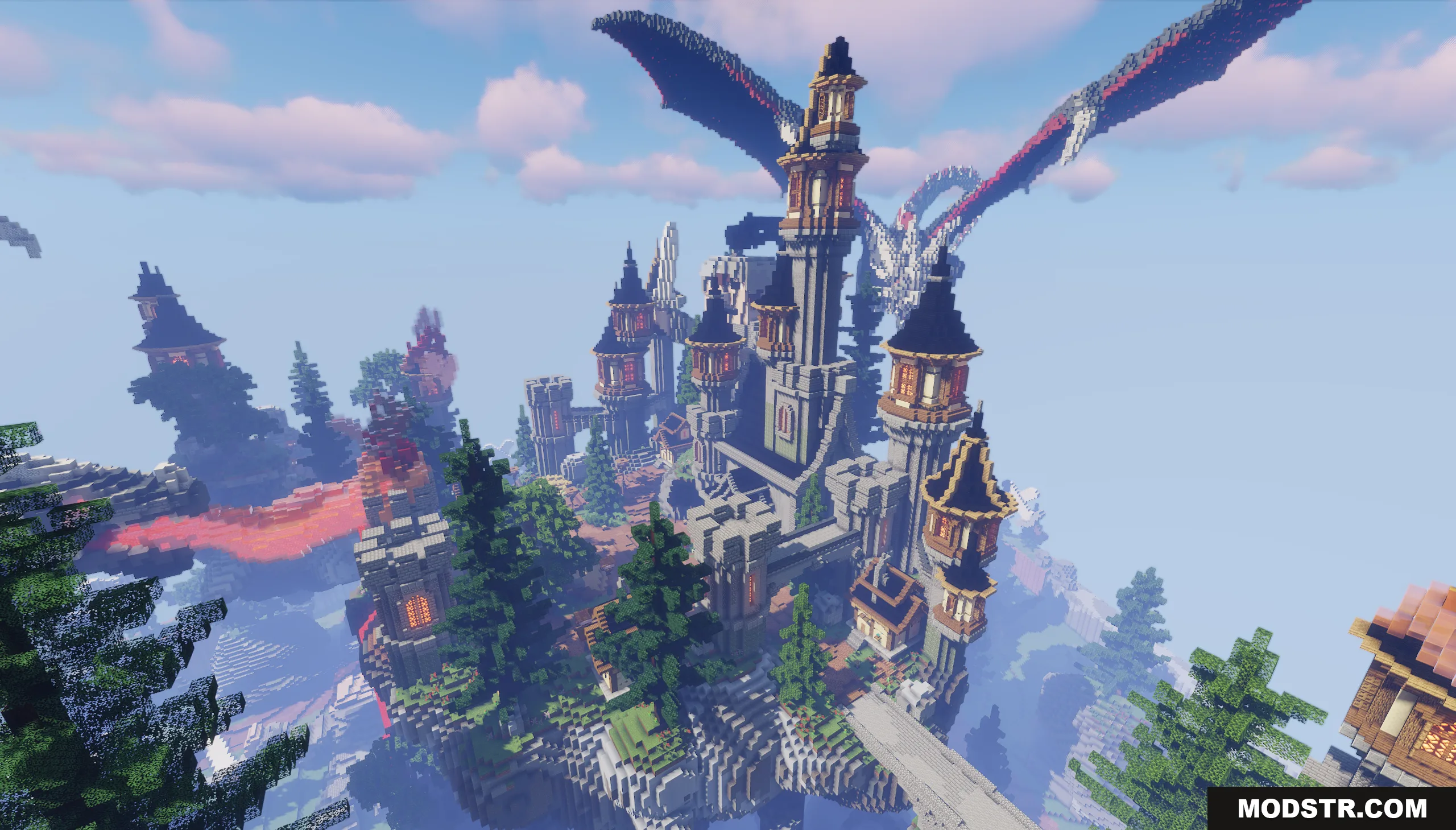 Dragon Skyblock Spawn Map Screenshot 9 A grand castle on the Dragon SkyBlock Spawn map with a massive dragon