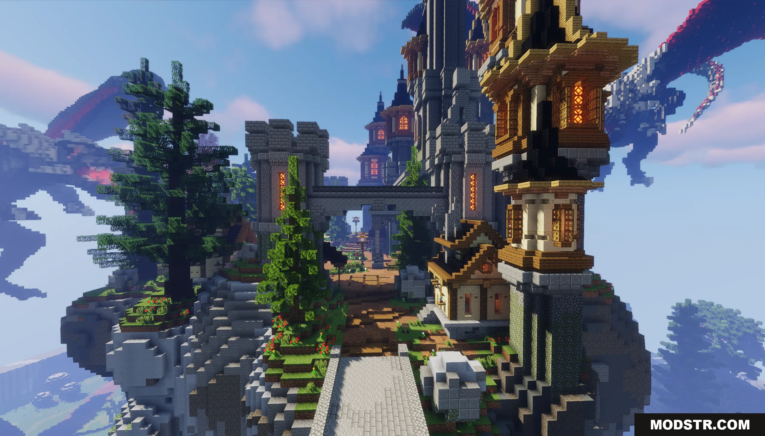 Dragon Skyblock Spawn Map Screenshot 8 A detailed medieval castle built on a floating island with a dragon nearby