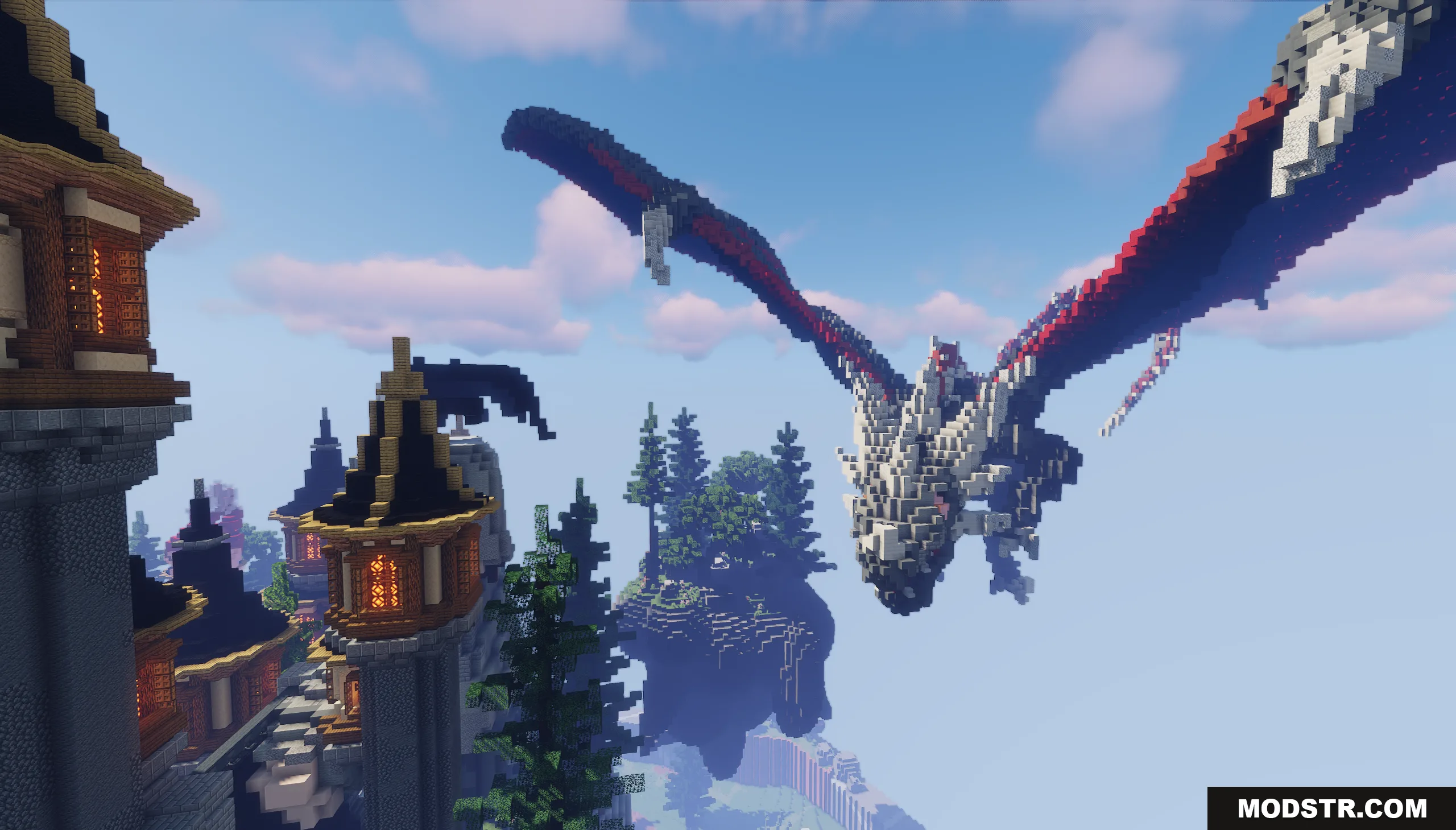 Dragon Skyblock Spawn Map Screenshot 7 A massive dragon flies over the Dragon SkyBlock Spawn Map floating islands