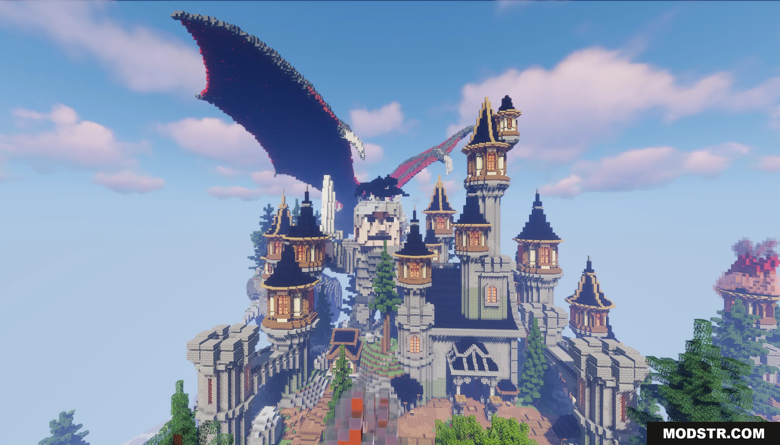 Dragon Skyblock Spawn Map Screenshot 2 A majestic medieval castle with many towers under a flying dragon