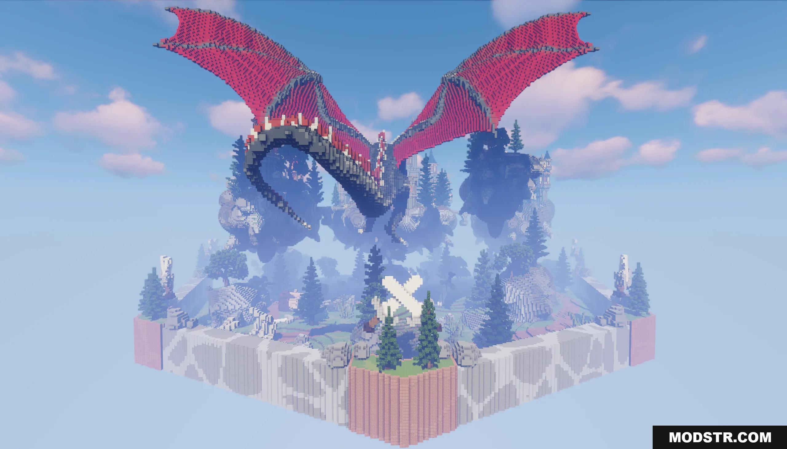 Dragon Skyblock Spawn Map Screenshot 1 A massive red dragon soaring above the Dragon SkyBlock Spawn Map