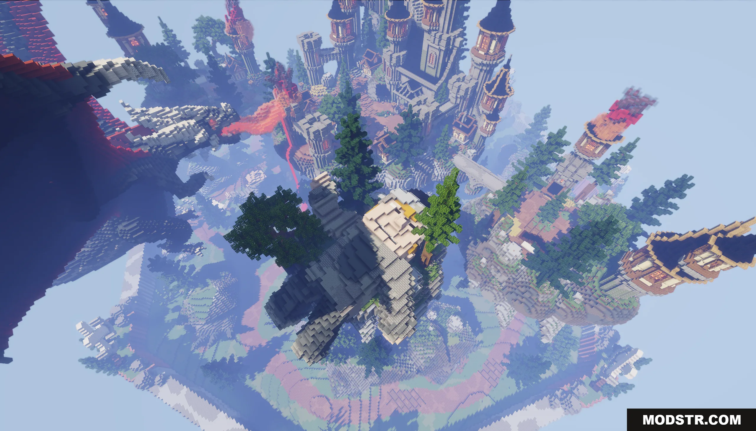 Dragon Skyblock Spawn Map Screenshot 10 Aerial view of floating islands with a dragon breathing fire near a castle
