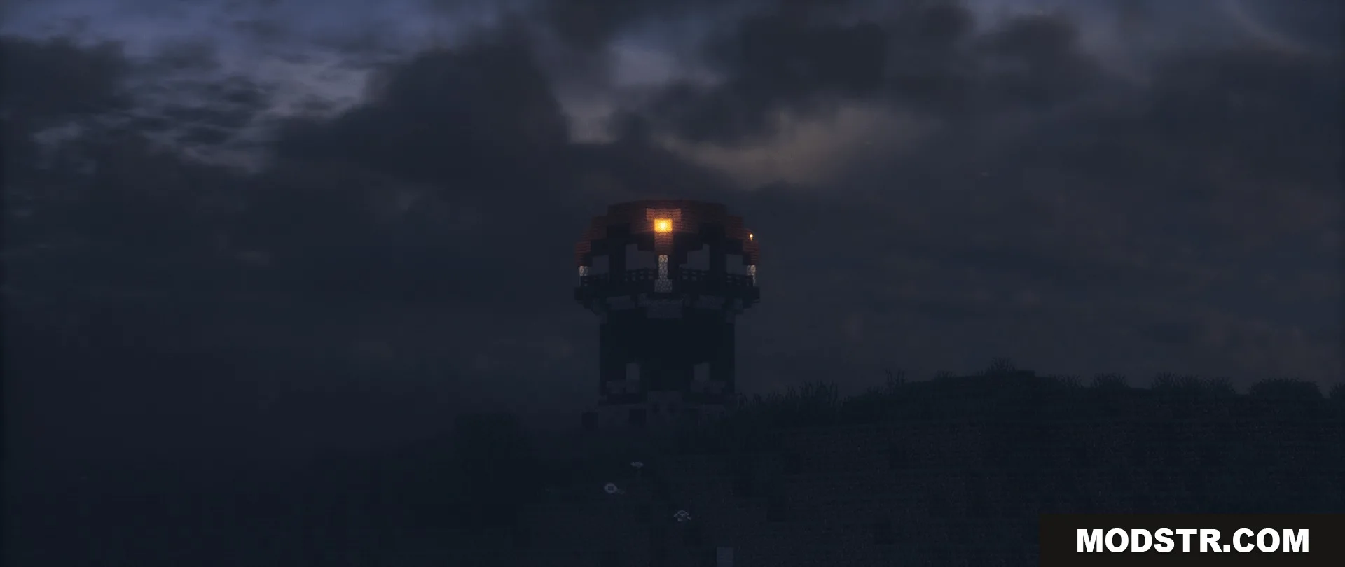 Realistic clouds and lighting over a tall structure during a dark night