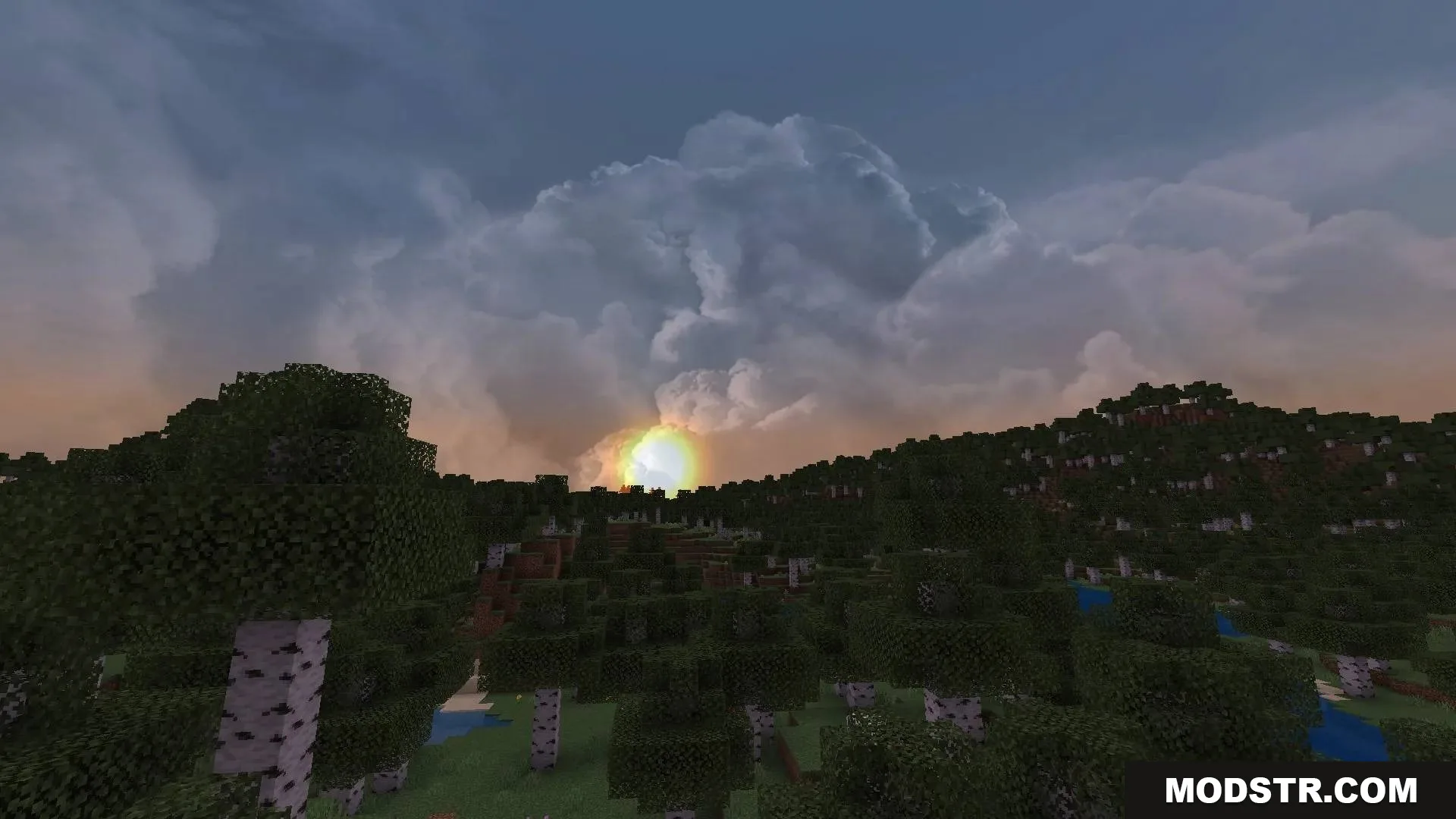 Realistic clouds and a glowing sun during a colorful Minecraft sunset