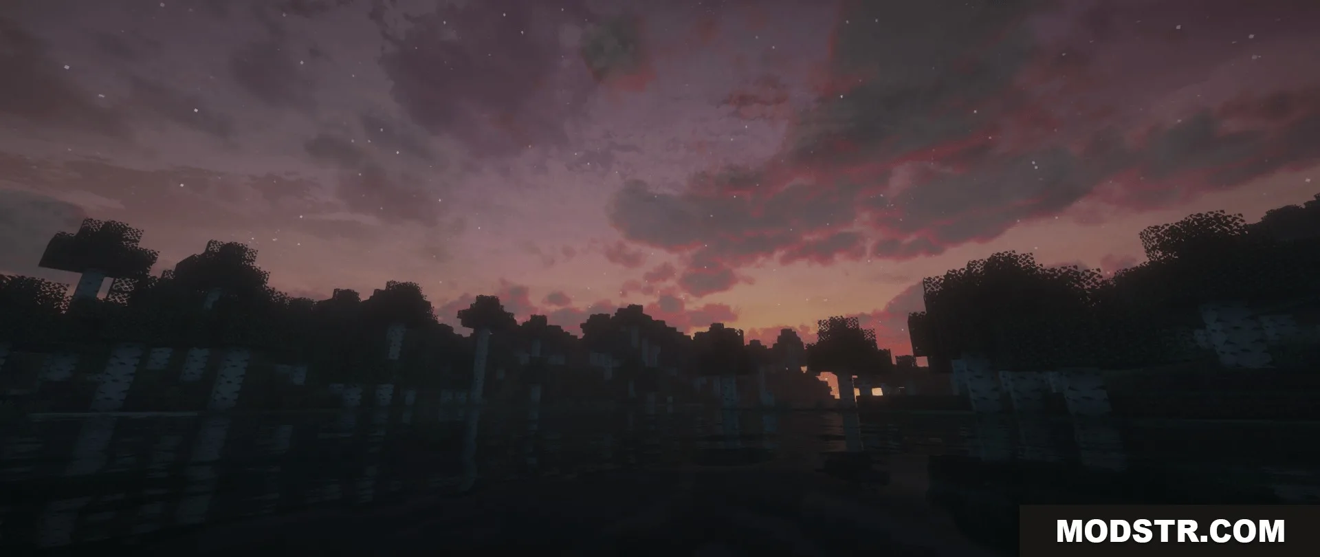 Colorful purple and pink sunset with realistic clouds and stars over water
