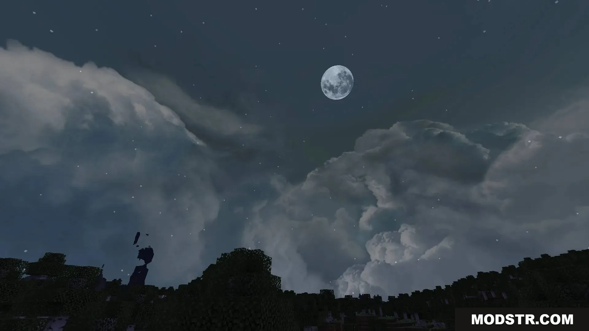 Detailed full moon and stars shining through realistic clouds at night