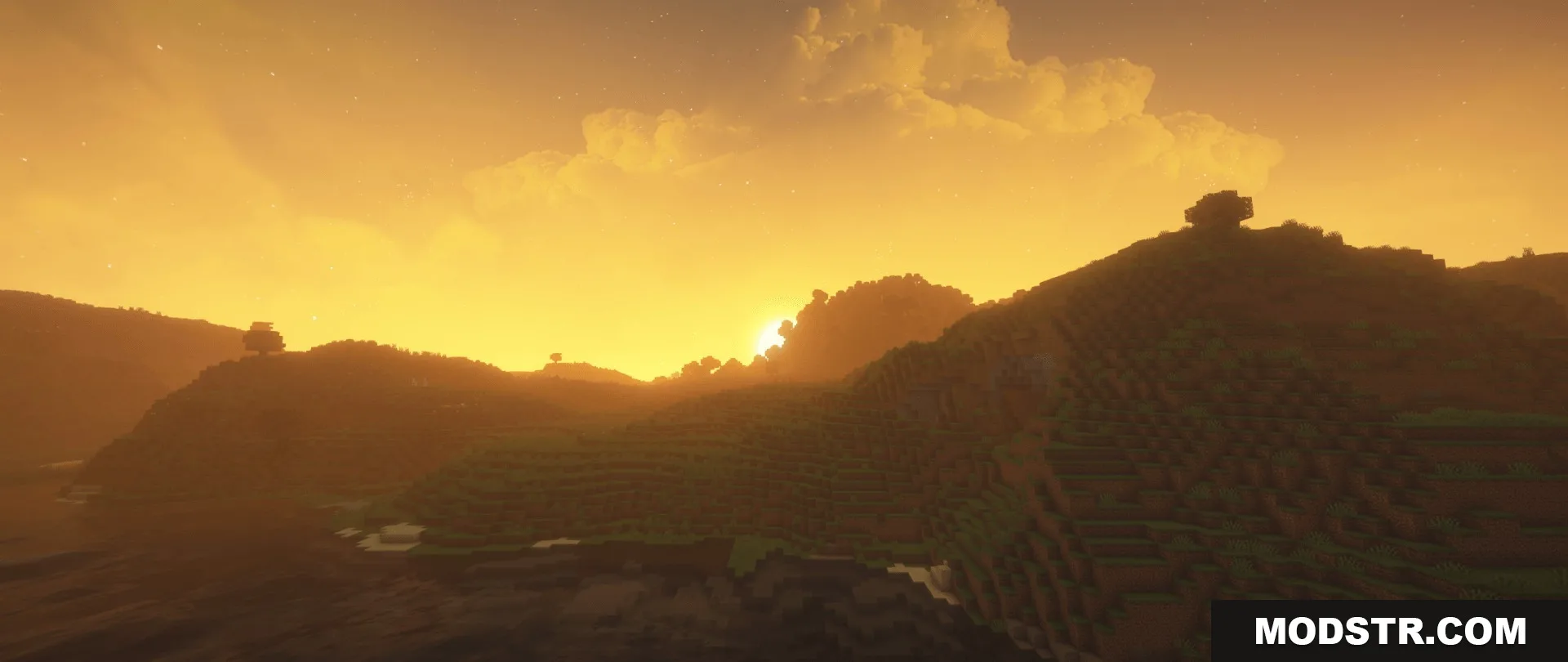 Bright orange sunset with realistic clouds and lighting over a hilly landscape