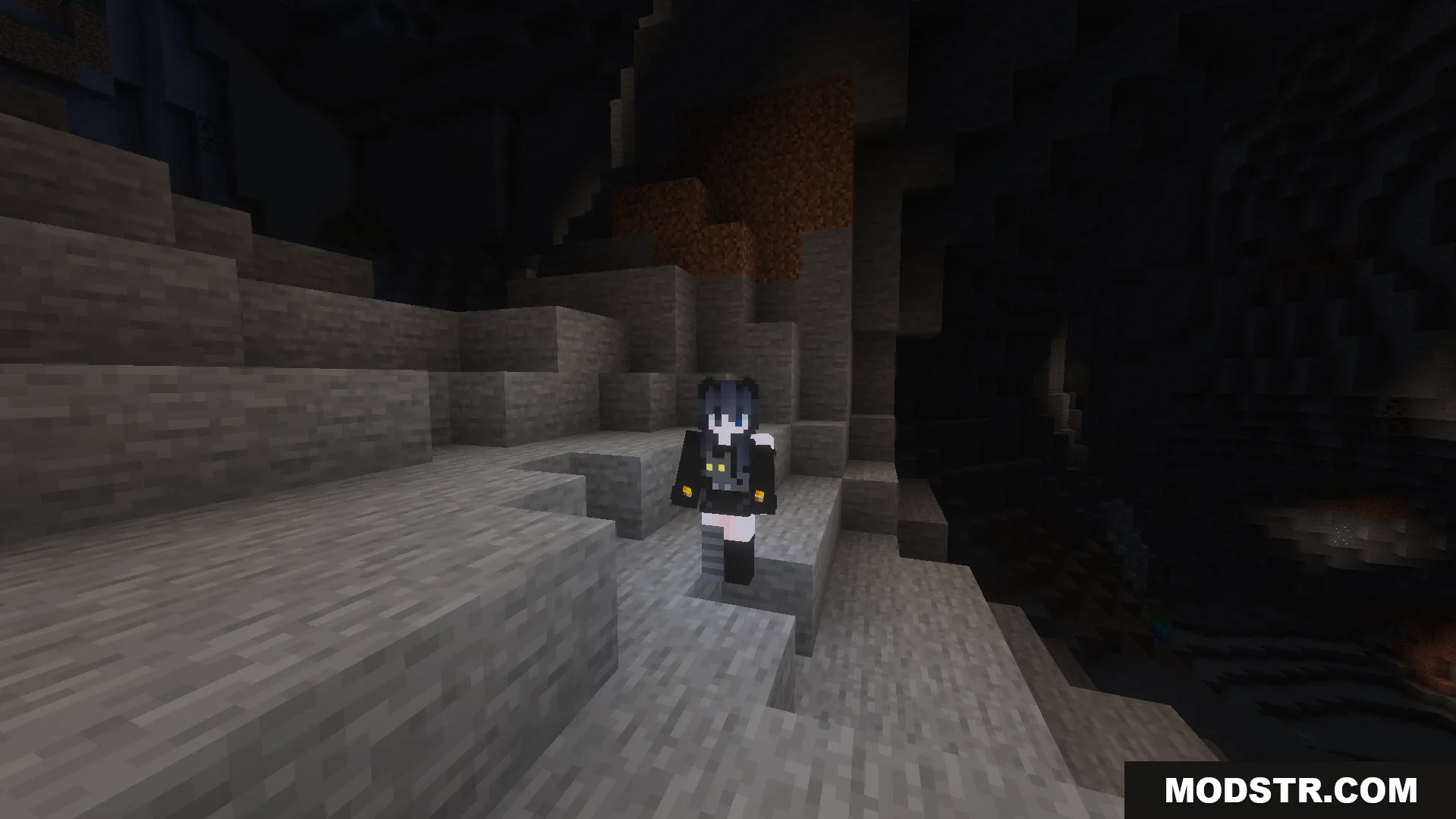 Dynamic Light Offhand Addon Screenshot 6 Player explores a cave with improved visibility for mining and building tasks