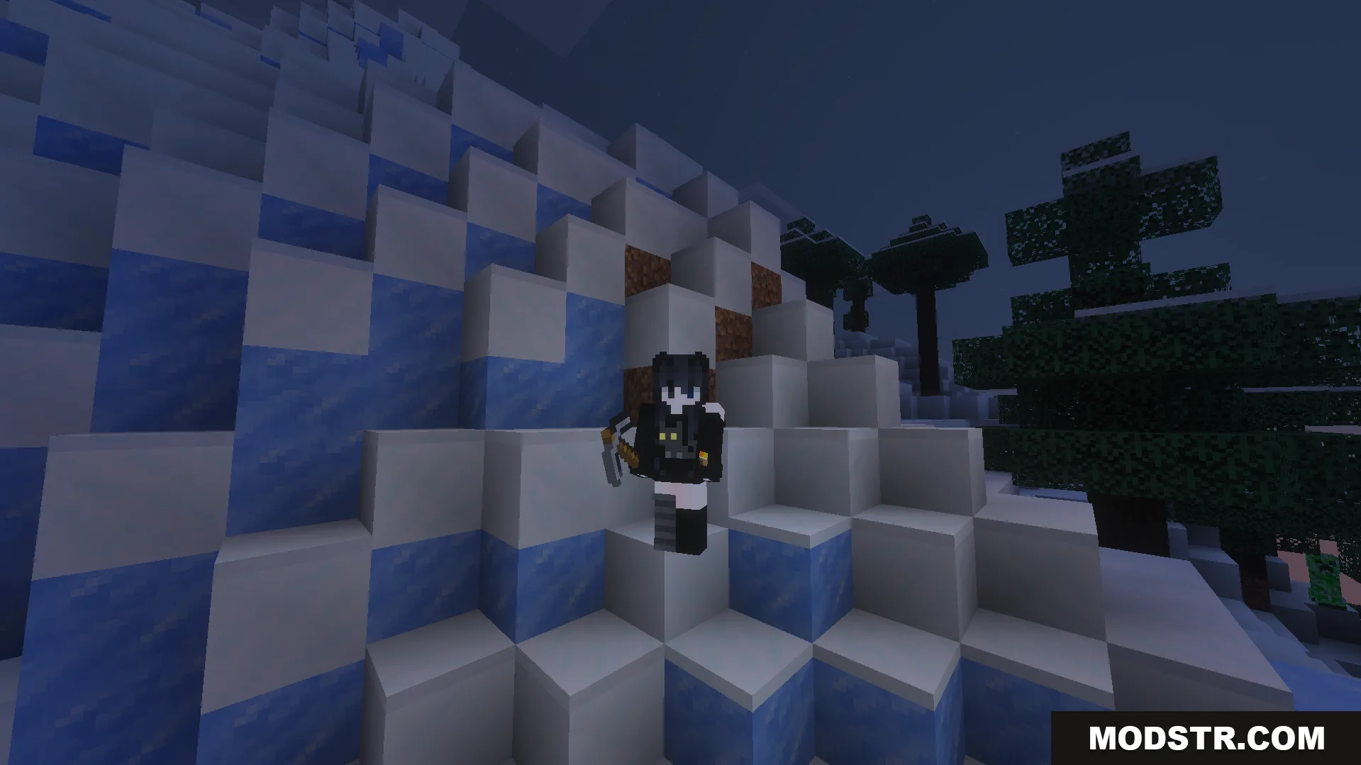 Dynamic Light Offhand Addon Screenshot 1 Player character standing on blue ice blocks at night with glowing light effects
