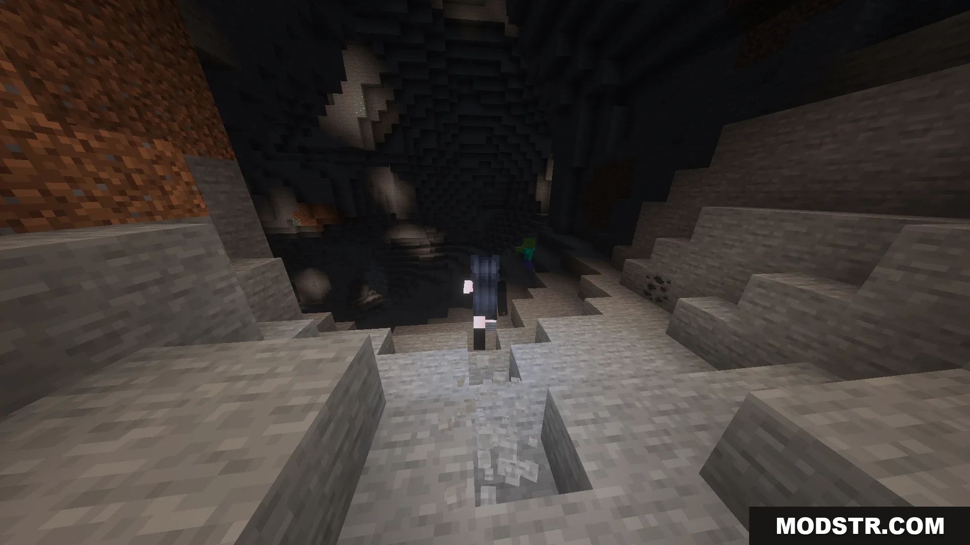 Dynamic Light Offhand Addon Screenshot 4 A character walks through a dark cave with a torch in their offhand
