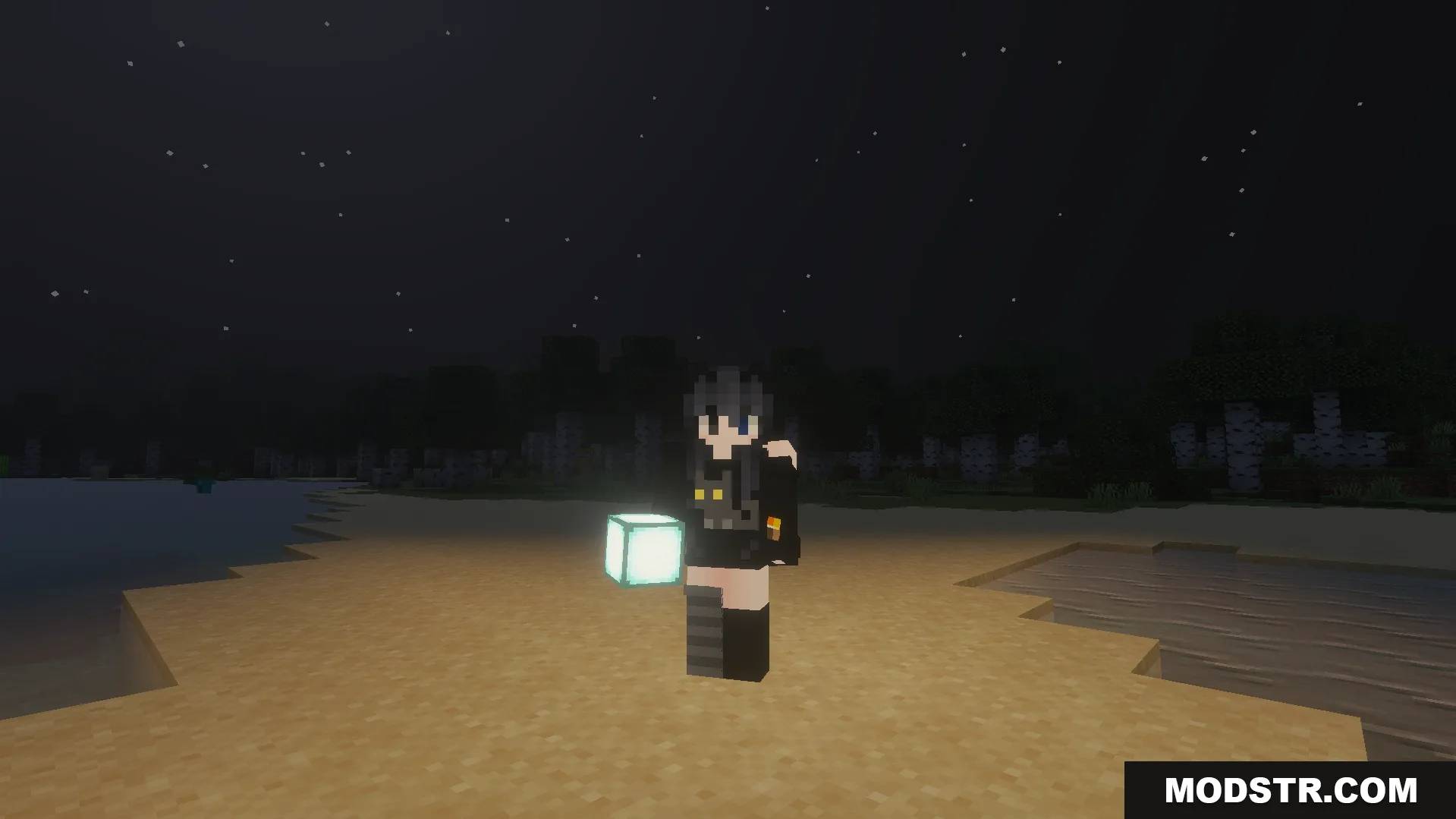 Dynamic Lighting and Offhand Addon Screenshot 4 Player holding a glowing block to illuminate the surrounding area at night