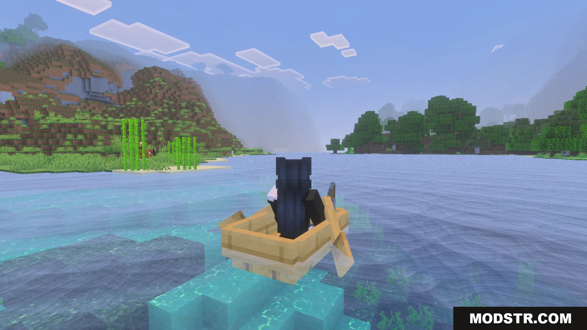 Dynamic Water Texture Pack Screenshot 6 Player rowing a boat through clear water with visible underwater blocks and sugarcane