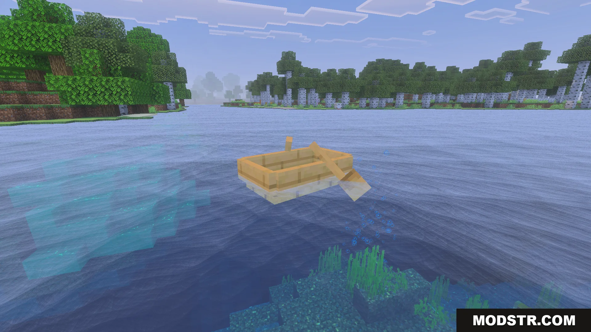 Dynamic Water Texture Pack Screenshot 8 A wooden boat floating on realistic blue water with dynamic movements and trees
