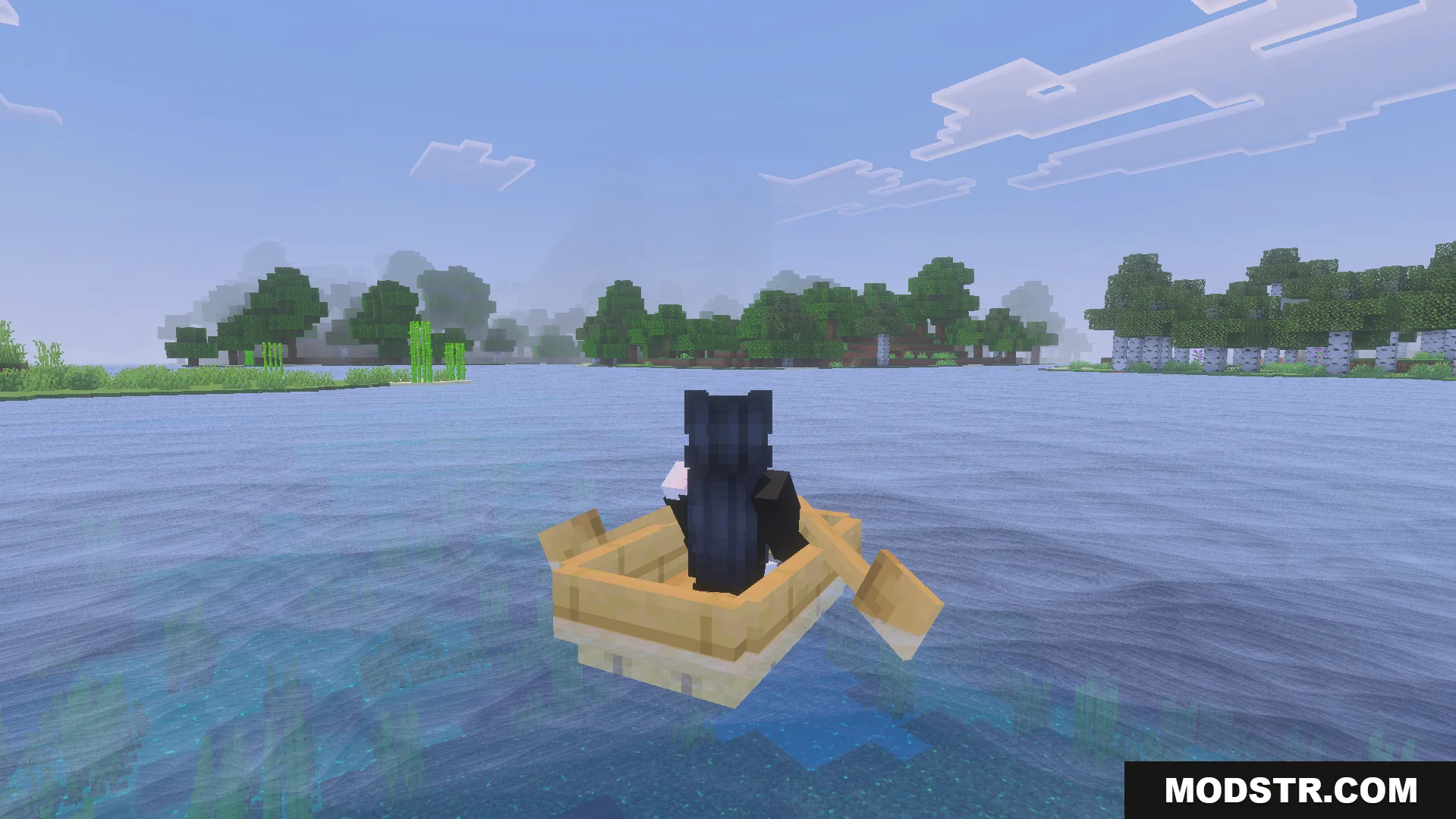 Dynamic Water Texture Pack Screenshot 4 Player rowing a wooden boat on clear blue water near a forest