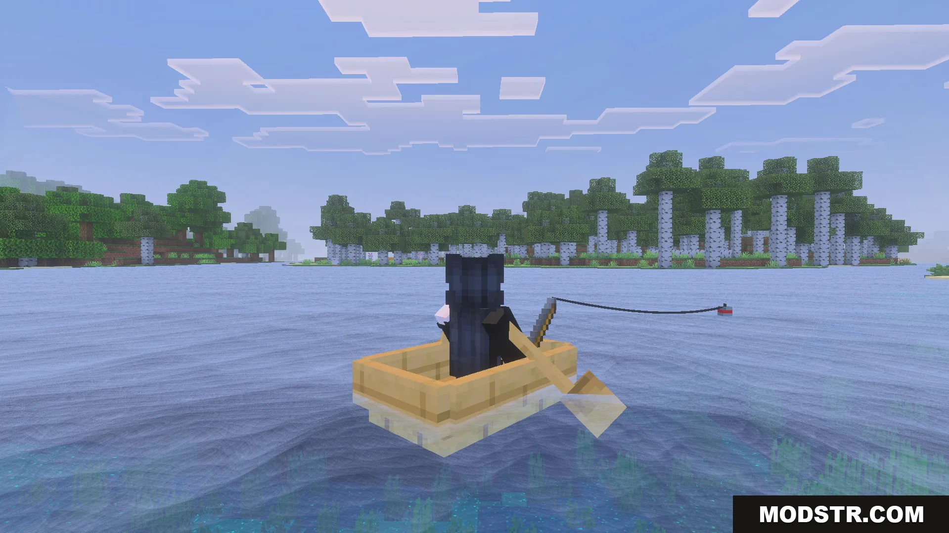 Dynamic Water Texture Pack Screenshot 5 Player fishing from a boat on realistic blue water near a birch forest
