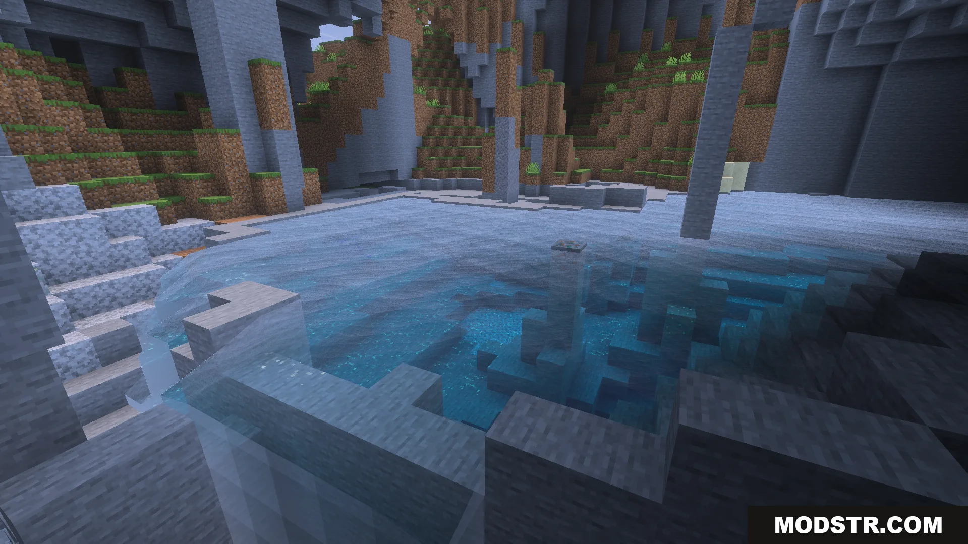 Dynamic Water Texture Pack Screenshot 2 Clear blue water with realistic movements near a waterfall and stone cliffs