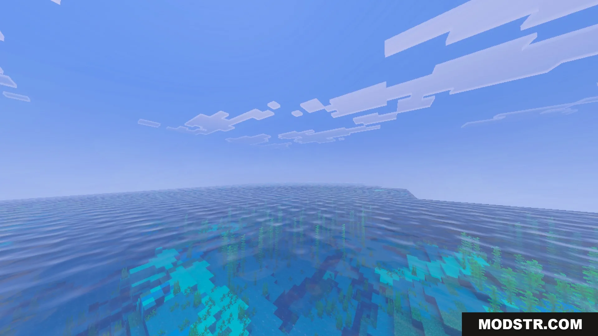 Dynamic Wave Shader Screenshot 1 A vast blue ocean with smooth wave animations and visible underwater plants
