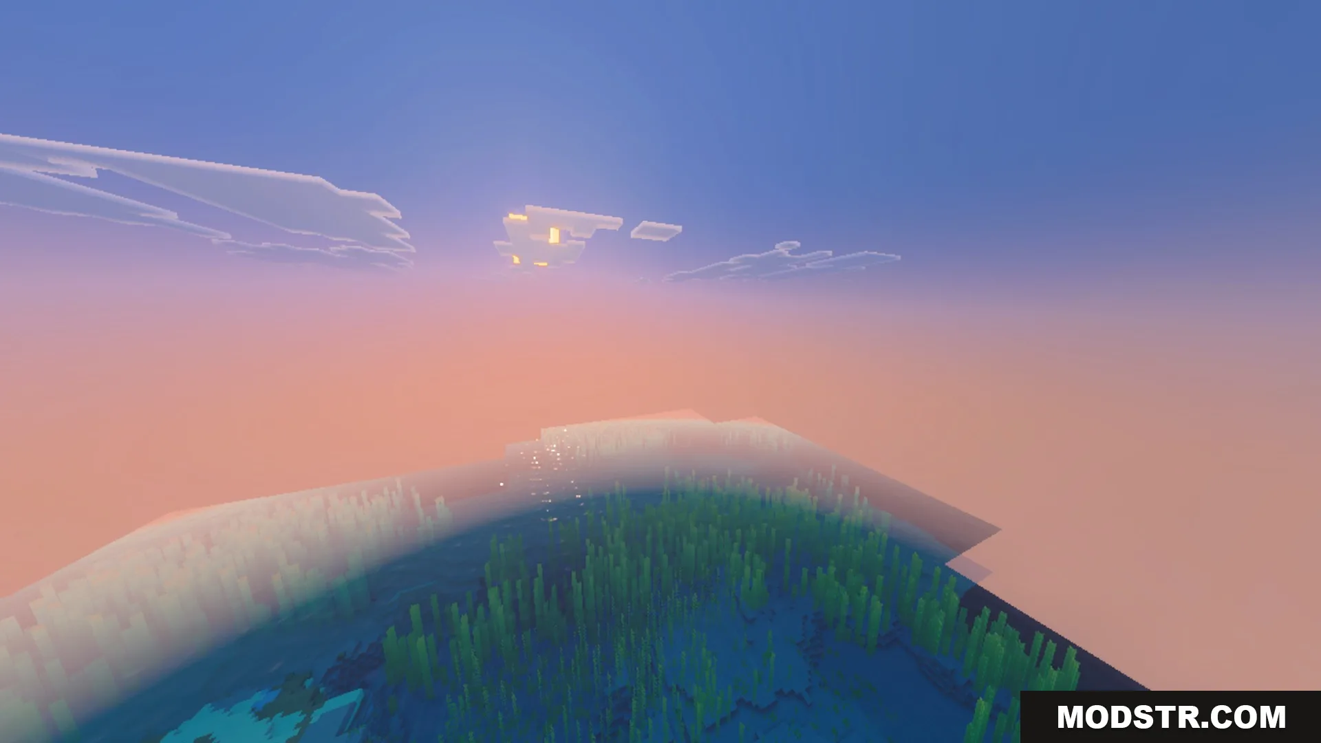 Dynamic Wave Shader Screenshot 3 Sunset over a Minecraft ocean with realistic waves and dynamic light reflections