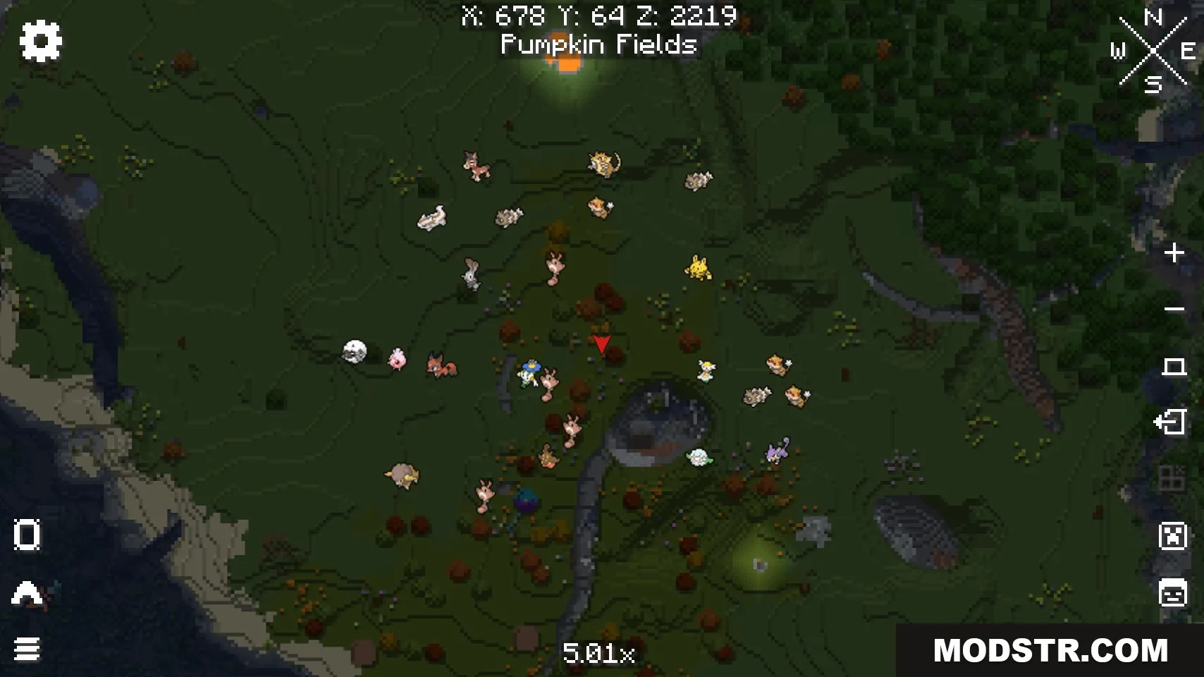 E19 Cobblemon Minimap Icons Resource Pack Screenshot 7 Minimap showing various Pokemon icons over a grassy Pumpkin Fields biome