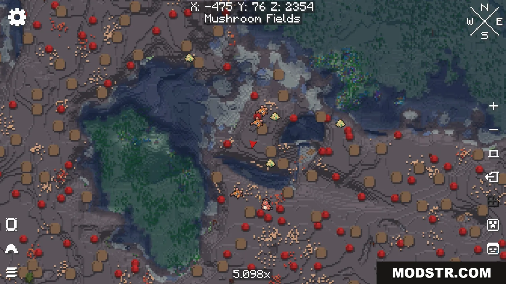 E19 Cobblemon Minimap Icons Resource Pack Screenshot 6 Cobblemon icons scattered across a mushroom fields biome on the minimap screen