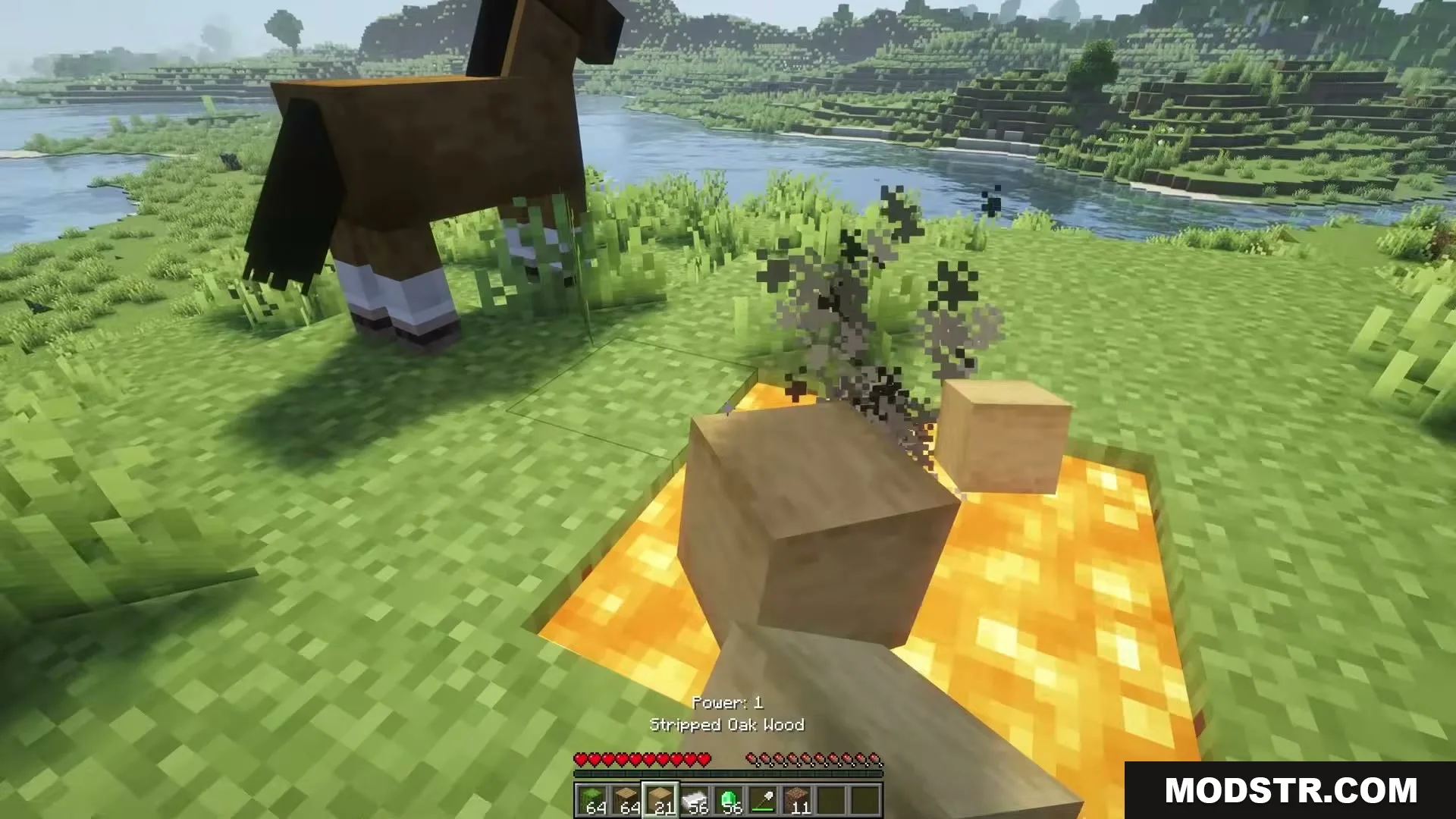 Eating Animations Mod Screenshot 7 Player holds a stripped oak wood block with a bite mark near a horse