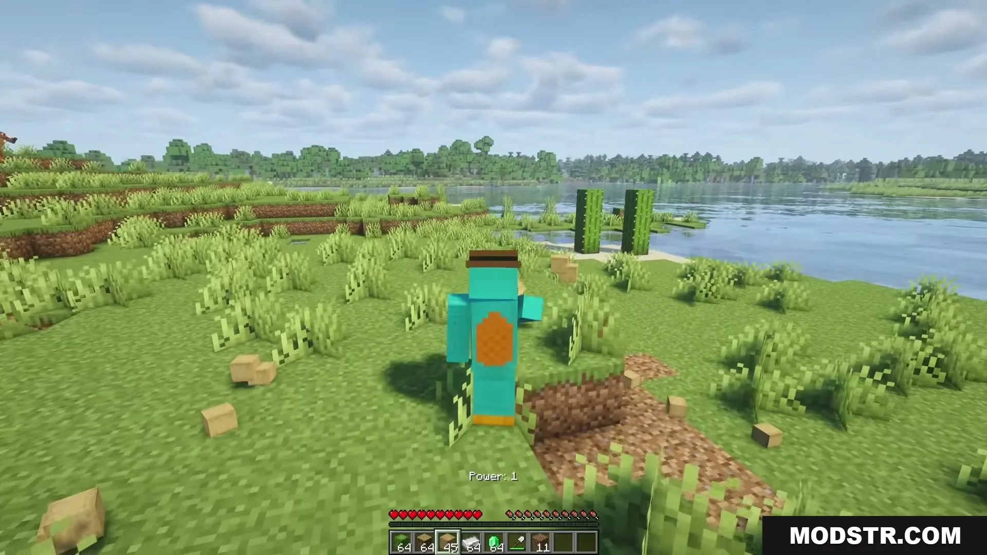 Eating Animations Mod Screenshot 4 Minecraft character eating food with crumbs falling in a scenic grassy biome