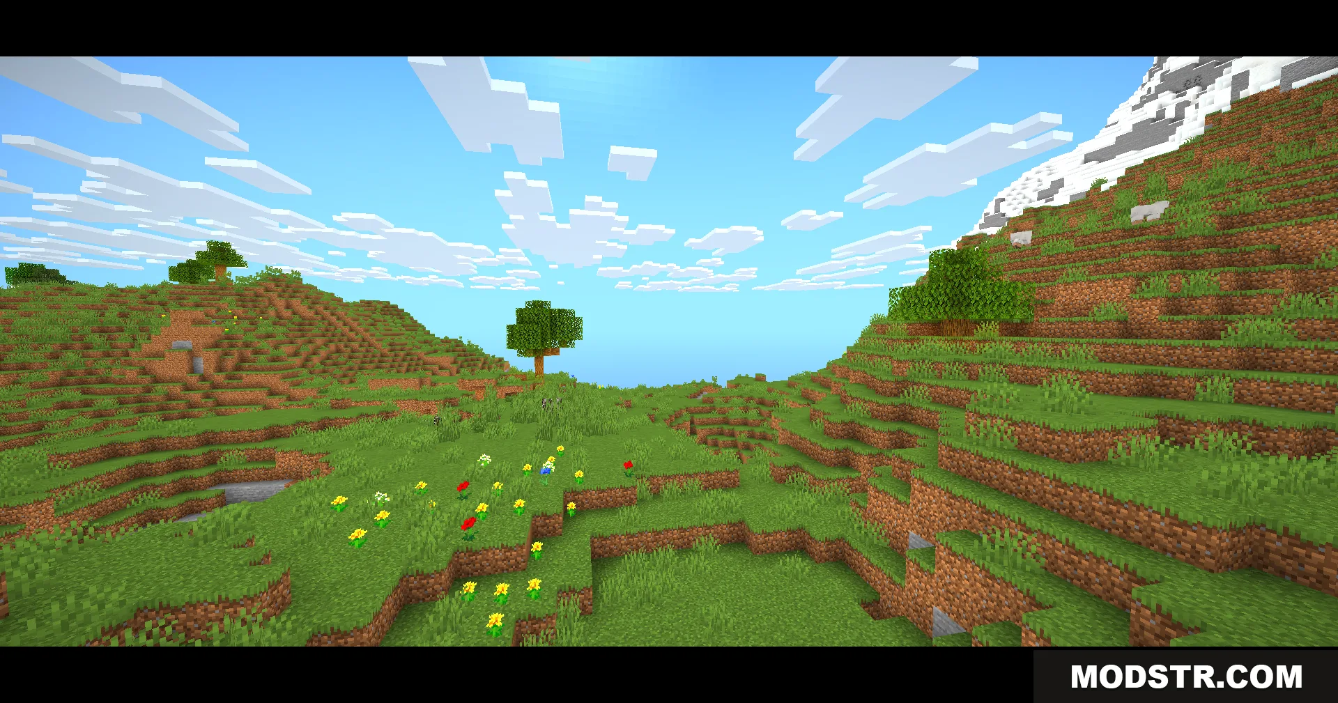 A scenic Minecraft landscape featuring grassy hills and cinematic black bars