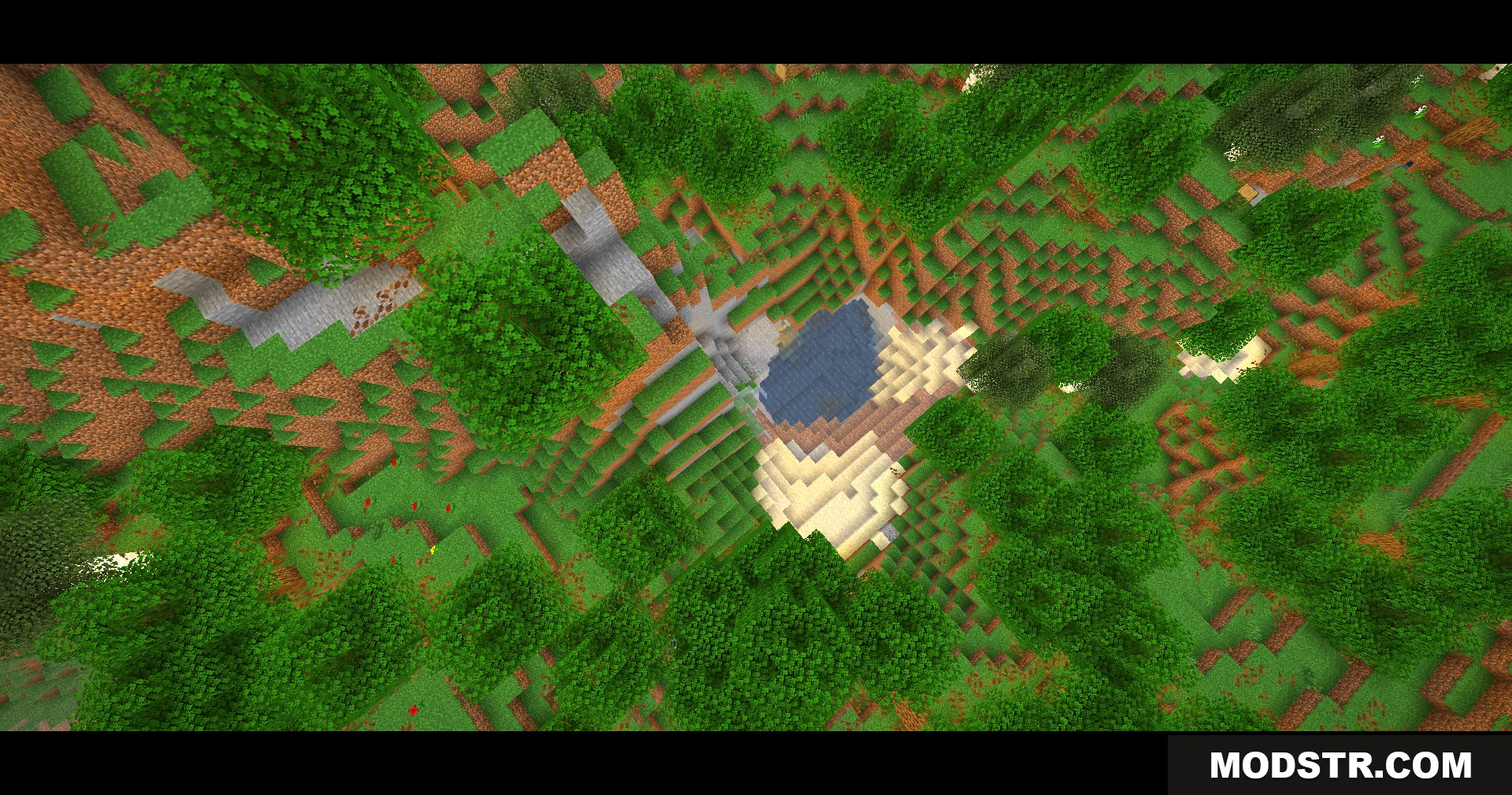 An aerial view of a forest surrounding a small pond with cinematic bars