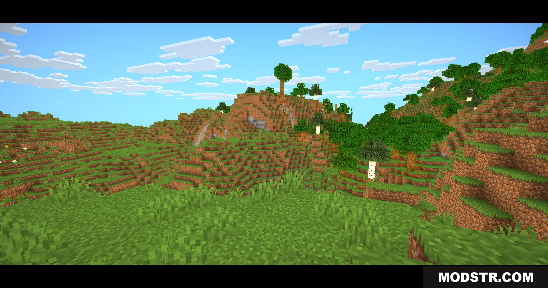 Eclipse Lite Cinematic Shaders displaying a hilly landscape with wide black bars