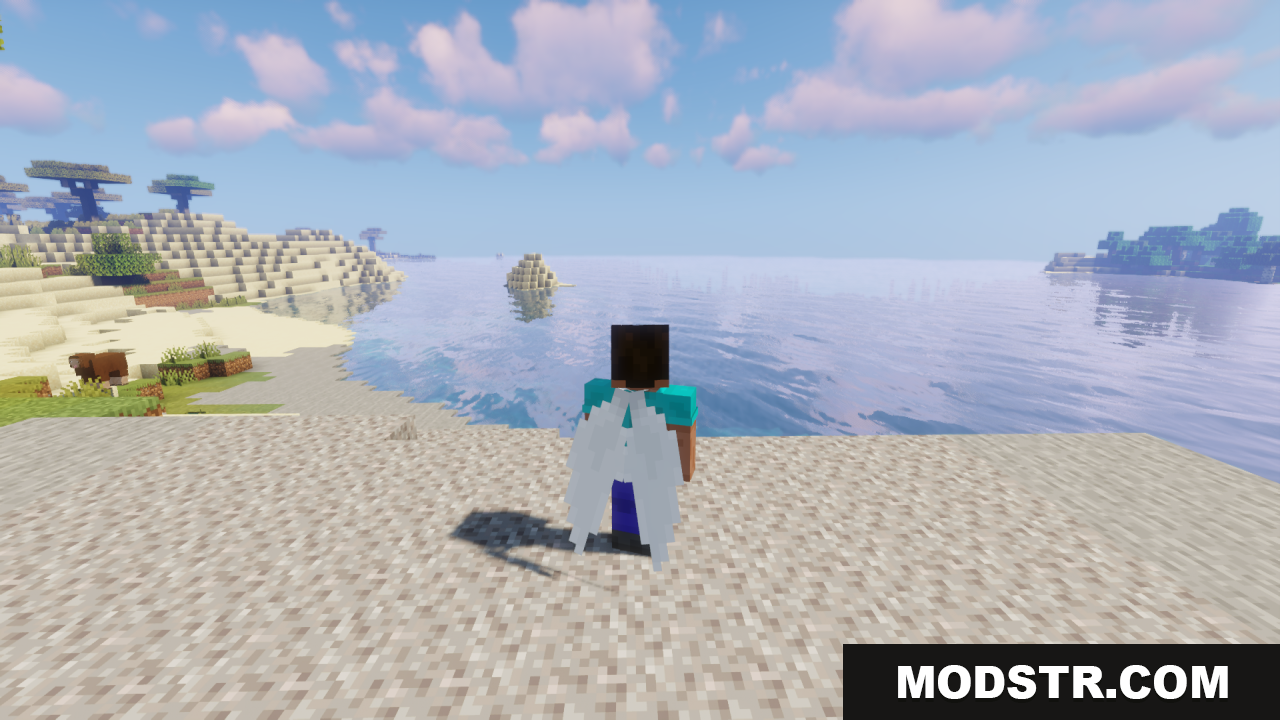 Elytra Fairy Wings Resource Pack Screenshot 13 A player character with white fairy wings on a beach