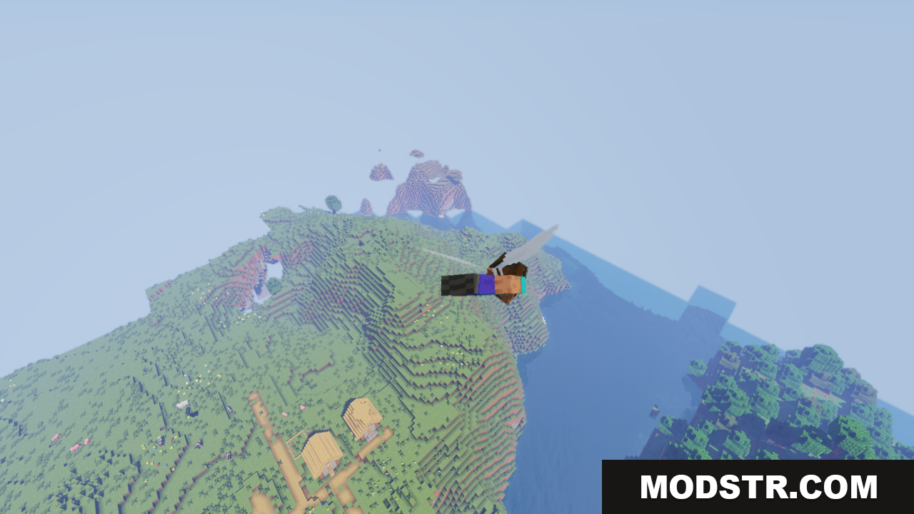 Elytra Fairy Wings Resource Pack Screenshot 9 A player with fairy wings soars over a village