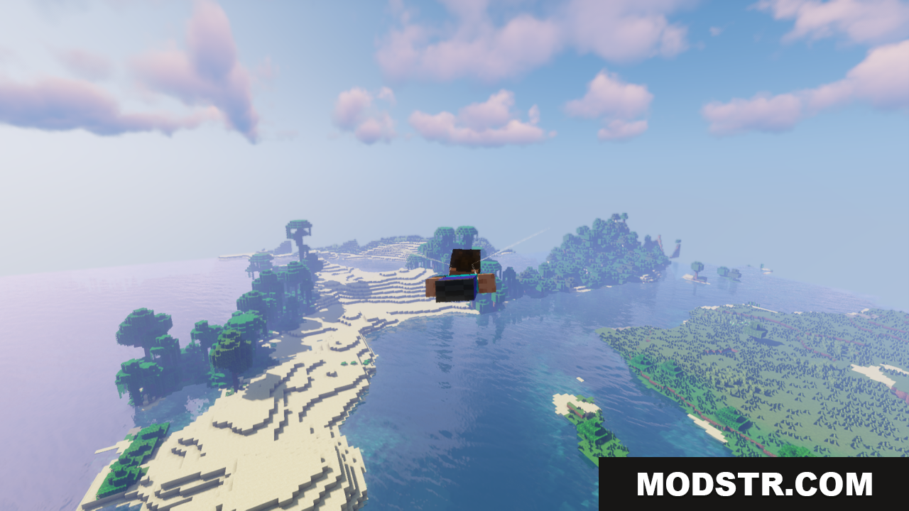 Elytra Fairy Wings Resource Pack Screenshot 5 Gliding above a world with islands and clear water