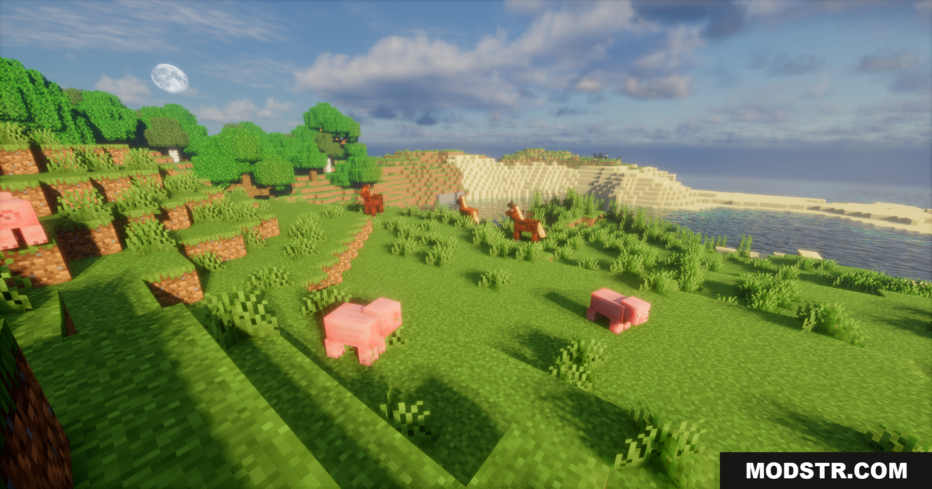 Emanrux Shaders Screenshot 9 Grassy landscape with pigs horses and realistic shader lighting effects