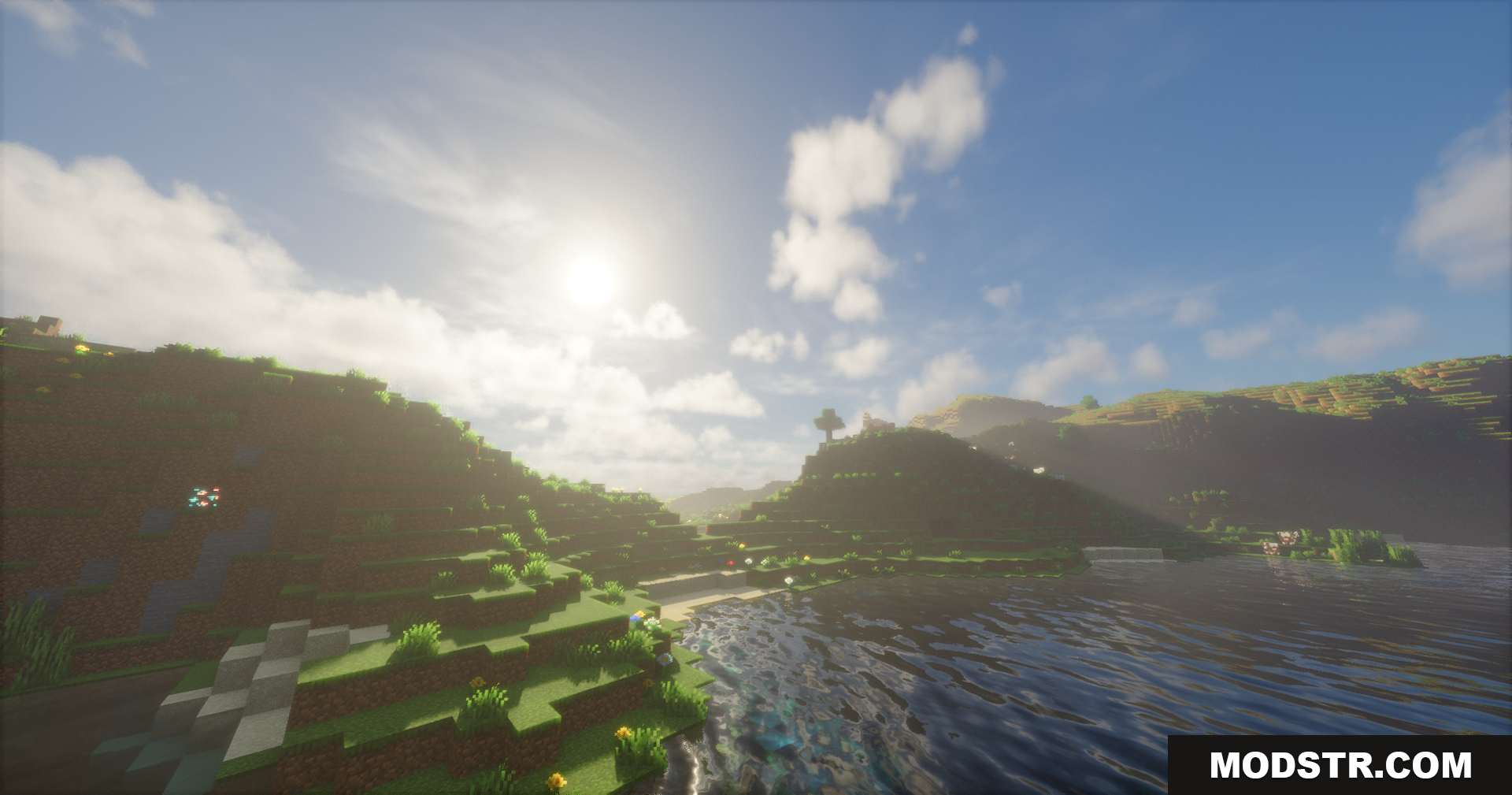 Emanrux Shaders Screenshot 11 Emanrux Shaders showing bright sun rays over a calm lake