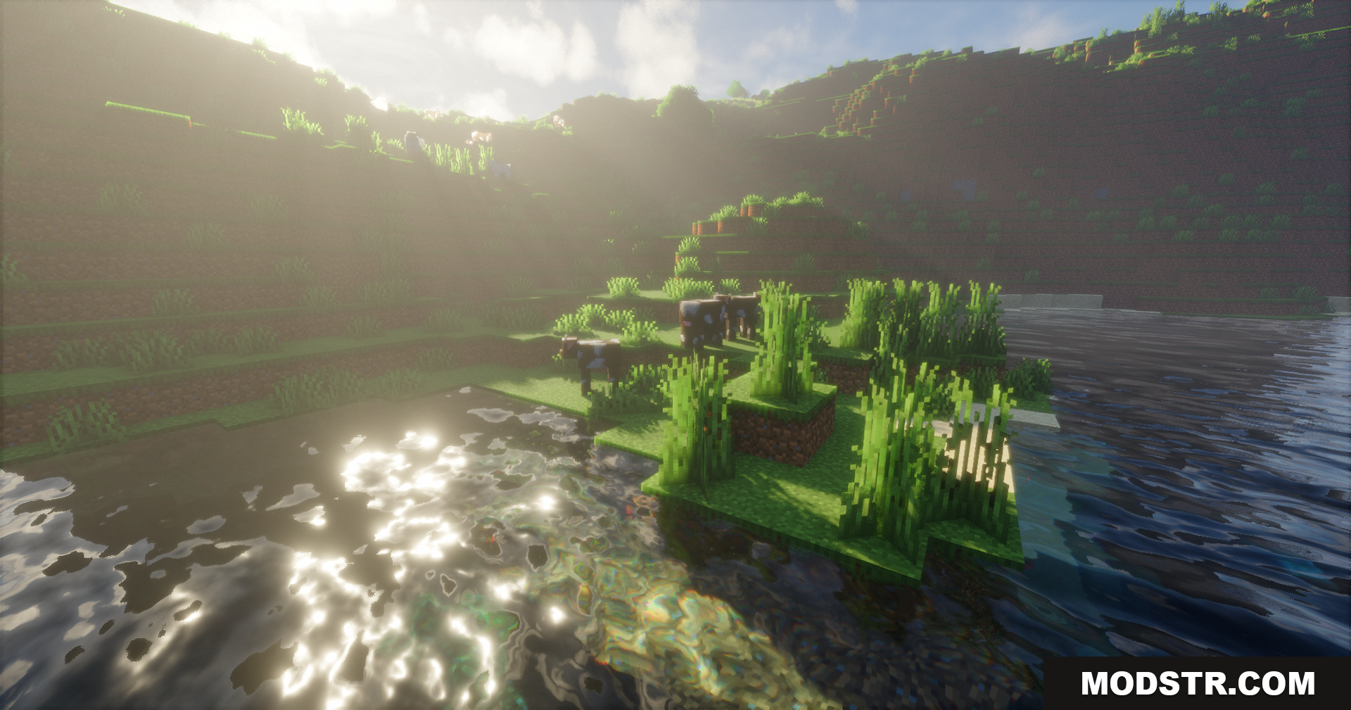 Emanrux Shaders Screenshot 13 Realistic water reflections and bright sun rays on a grassy riverbank