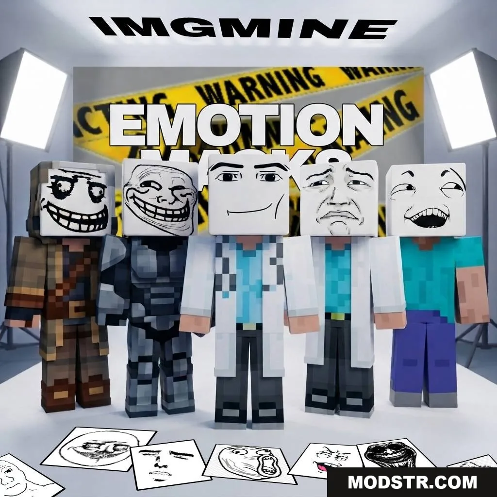 Emotion Mask Addon Screenshot 2 Five Minecraft characters wearing fun face masks in a studio with masks on floor