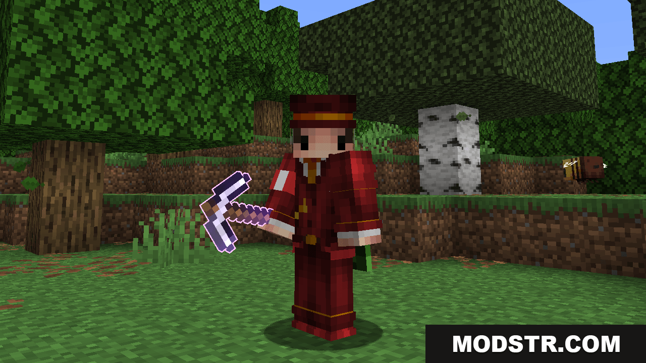 Enchantment Glows - Thin Outlines Resource Pack Screenshot 8 Player holding an enchanted pickaxe with a glowing outline near a flying bee