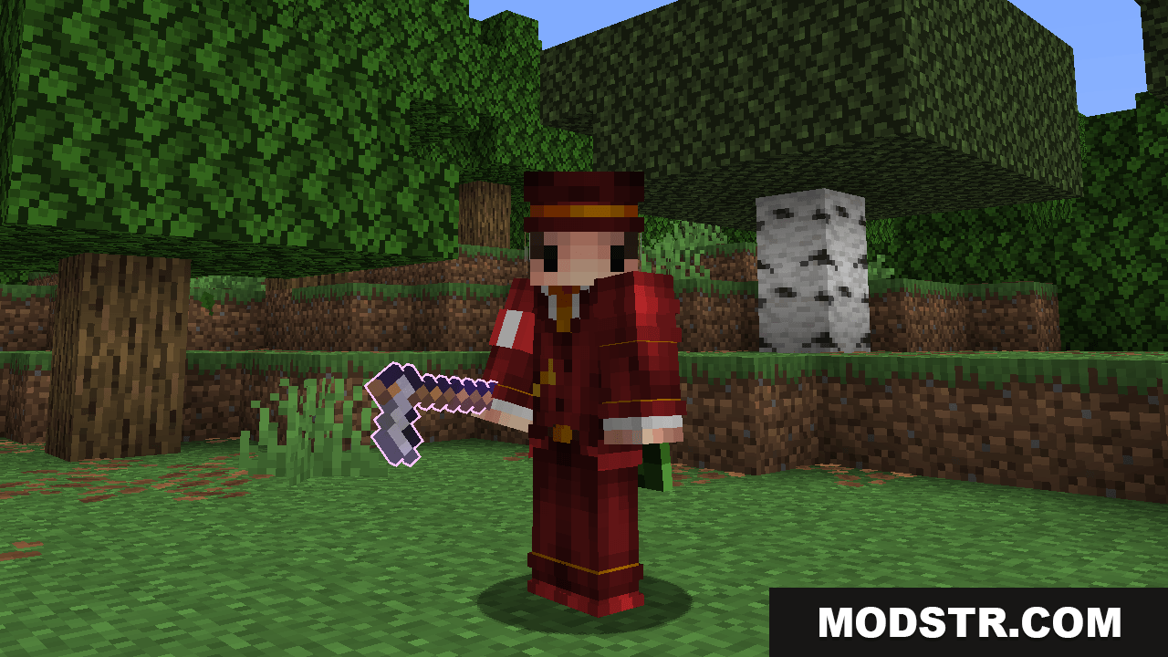 Enchantment Glows - Thin Outlines Resource Pack Screenshot 7 Player in red uniform holding an enchanted pickaxe with a thin purple outline