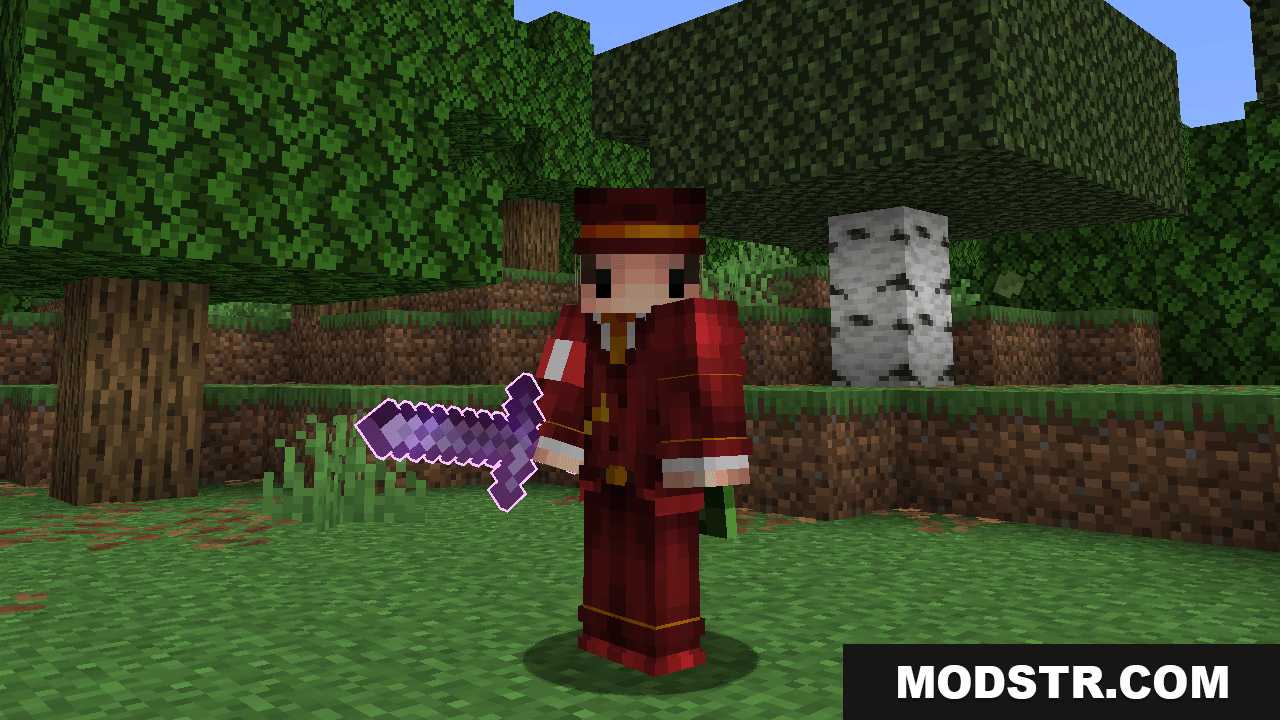 Enchantment Glows - Thin Outlines Resource Pack Screenshot 2 Player holding an enchanted sword displaying a bright purple glowing edge effect
