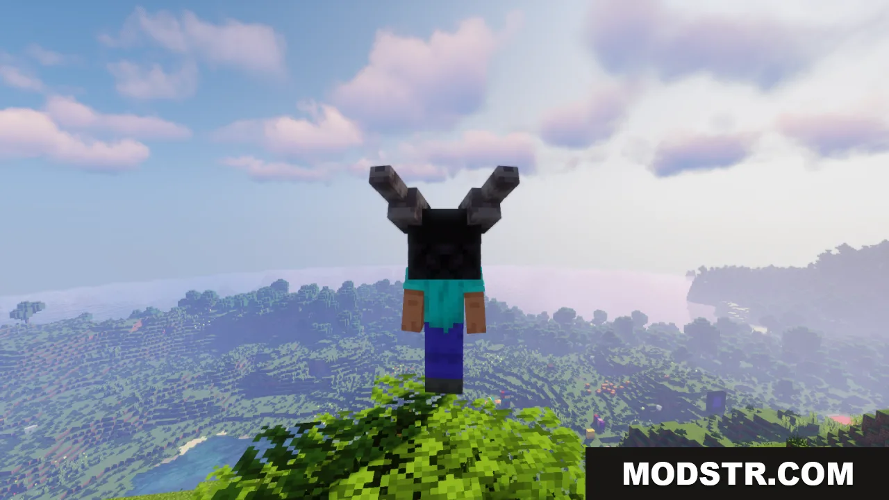 Ender Dragon Reborn Resource Pack Screenshot 7 A player wearing a dragon head stands on a tree overlooking the world