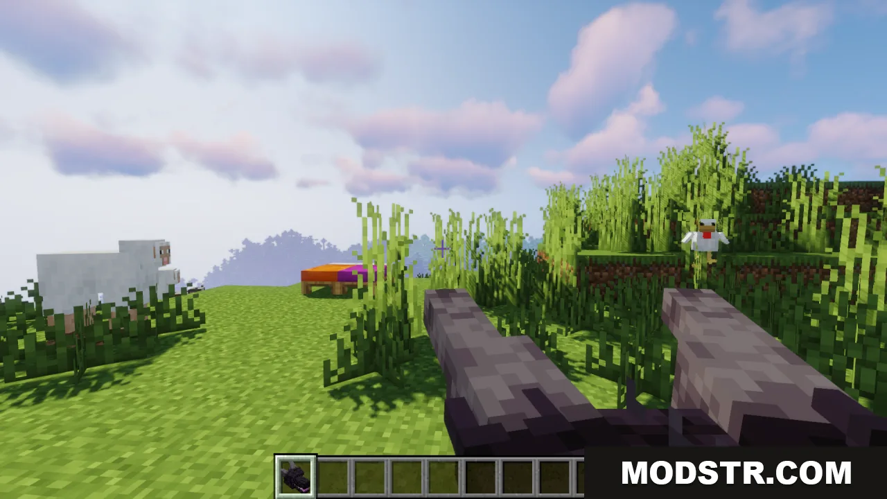 Ender Dragon Reborn Resource Pack Screenshot 1 Player holding a dark dragon head item while looking at a white chicken