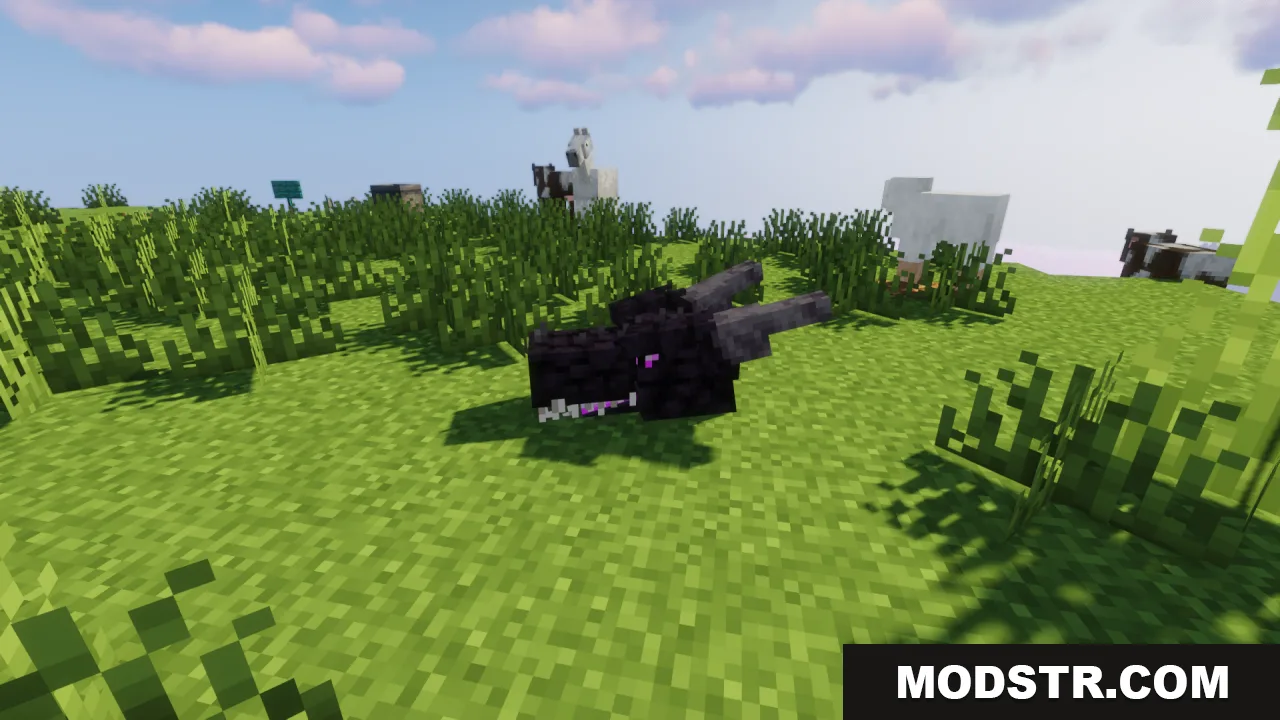 Ender Dragon Reborn Resource Pack Screenshot 5 A detailed wyvern style dragon head resting on the grass in Minecraft